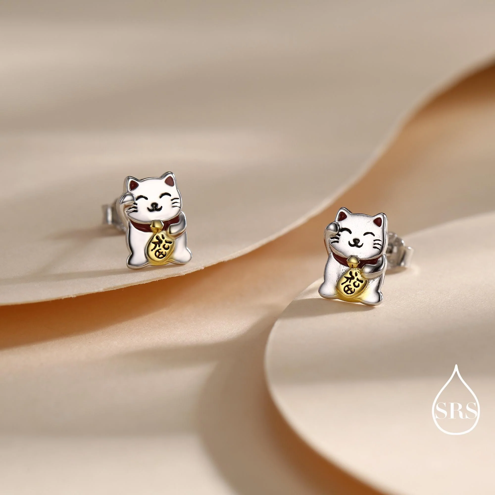 Super Cute Japanese Maneki-neko Cat Stud Earrings in Sterling Silver - Animal Stud Earrings - Cute Money Cat, Waving Cat Stud, Cat Earrings - Image 2