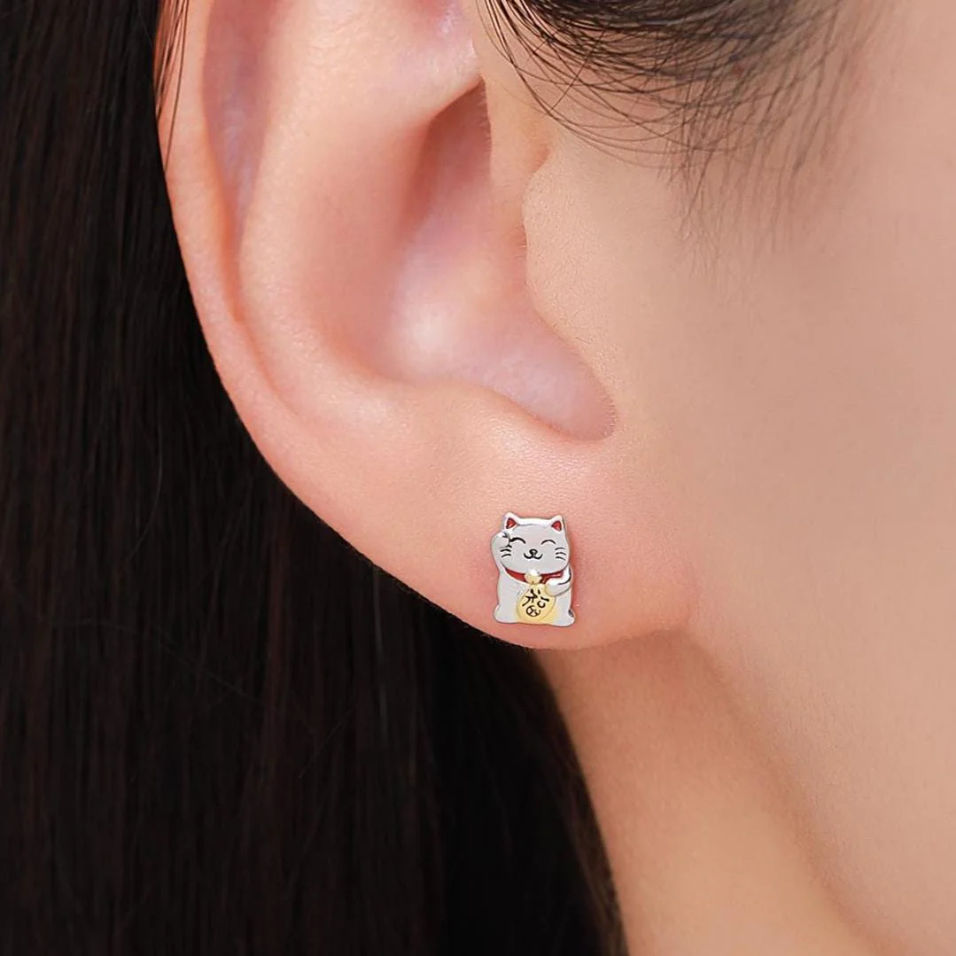 Super Cute Japanese Maneki-neko Cat Stud Earrings in Sterling Silver - Animal Stud Earrings - Cute Money Cat, Waving Cat Stud, Cat Earrings - Image 6