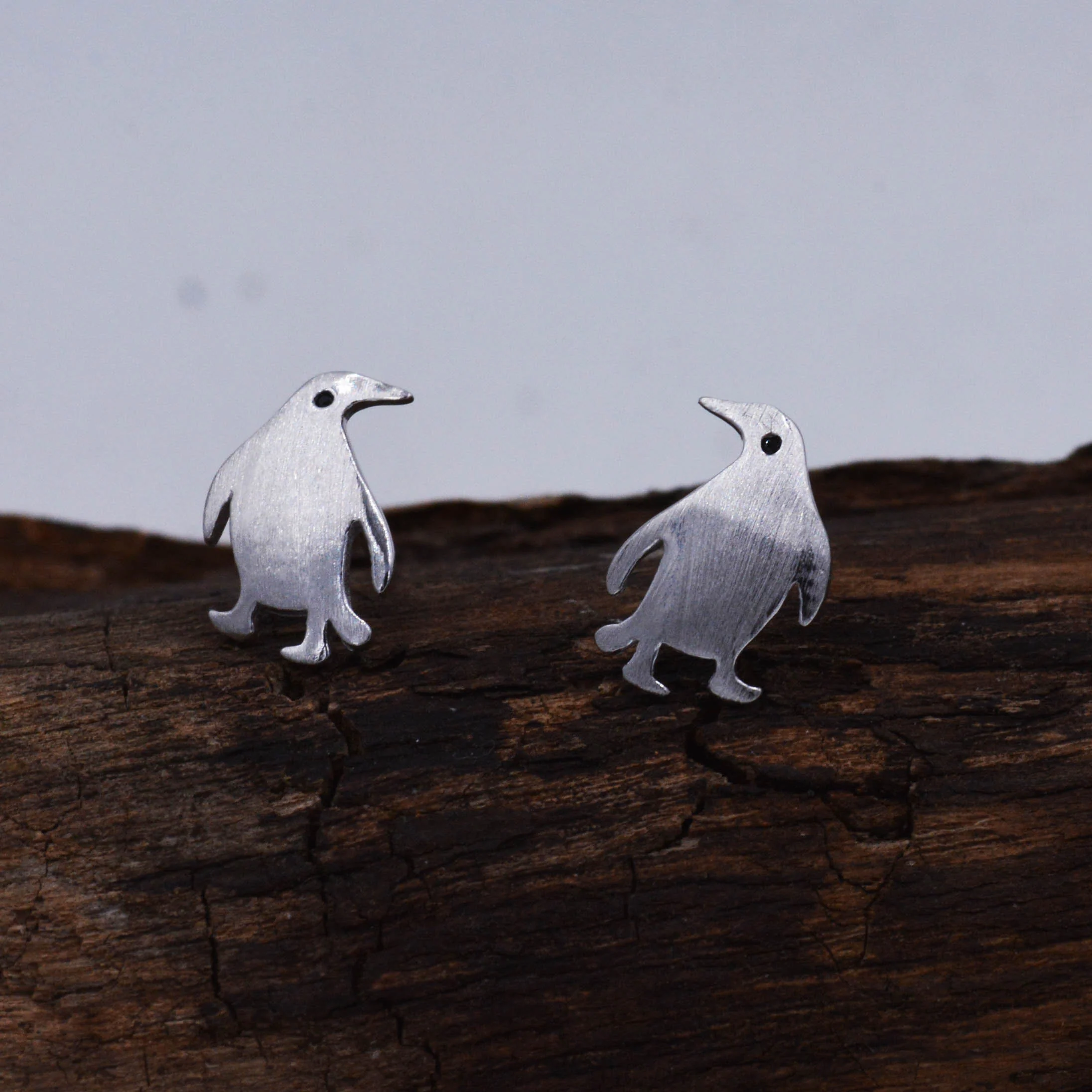 Super Cute Penguin Bird Stud Earrings in Sterling Silver - Fun Quirky and Whimsical Jewellery - Polished or Brushed Finish - Image 3