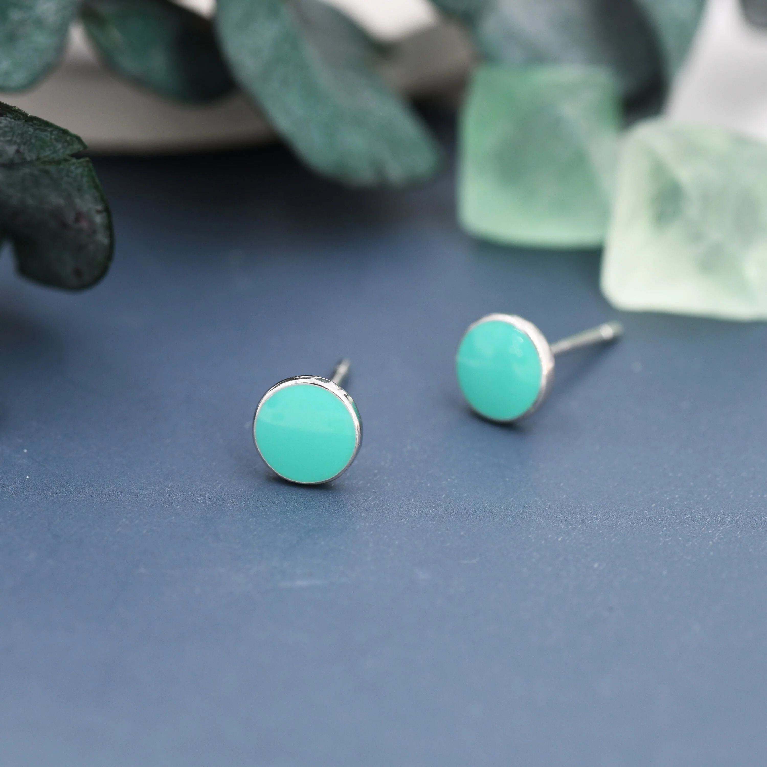 Teal Green Circle Dot Stud Earrings in Sterling Silver with Hand Painted Enamel, Pastel Stud, Enamel Dot, 6mm - Image 3