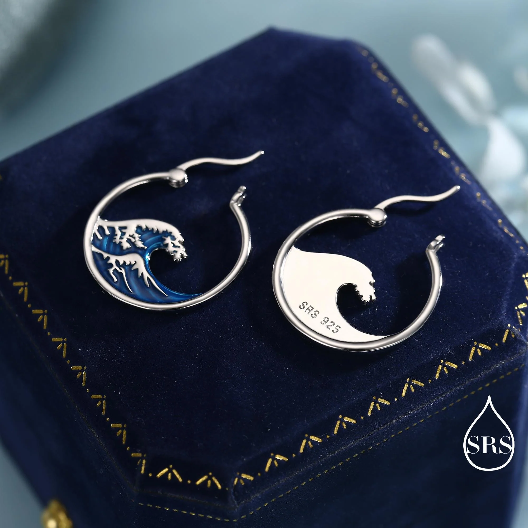 The Great Wave Sterling Silver Hoop Earrings, Large Statement Hoops with Hand Applied Enamel, Wave Earrings, Ocean Earrings - Image 2