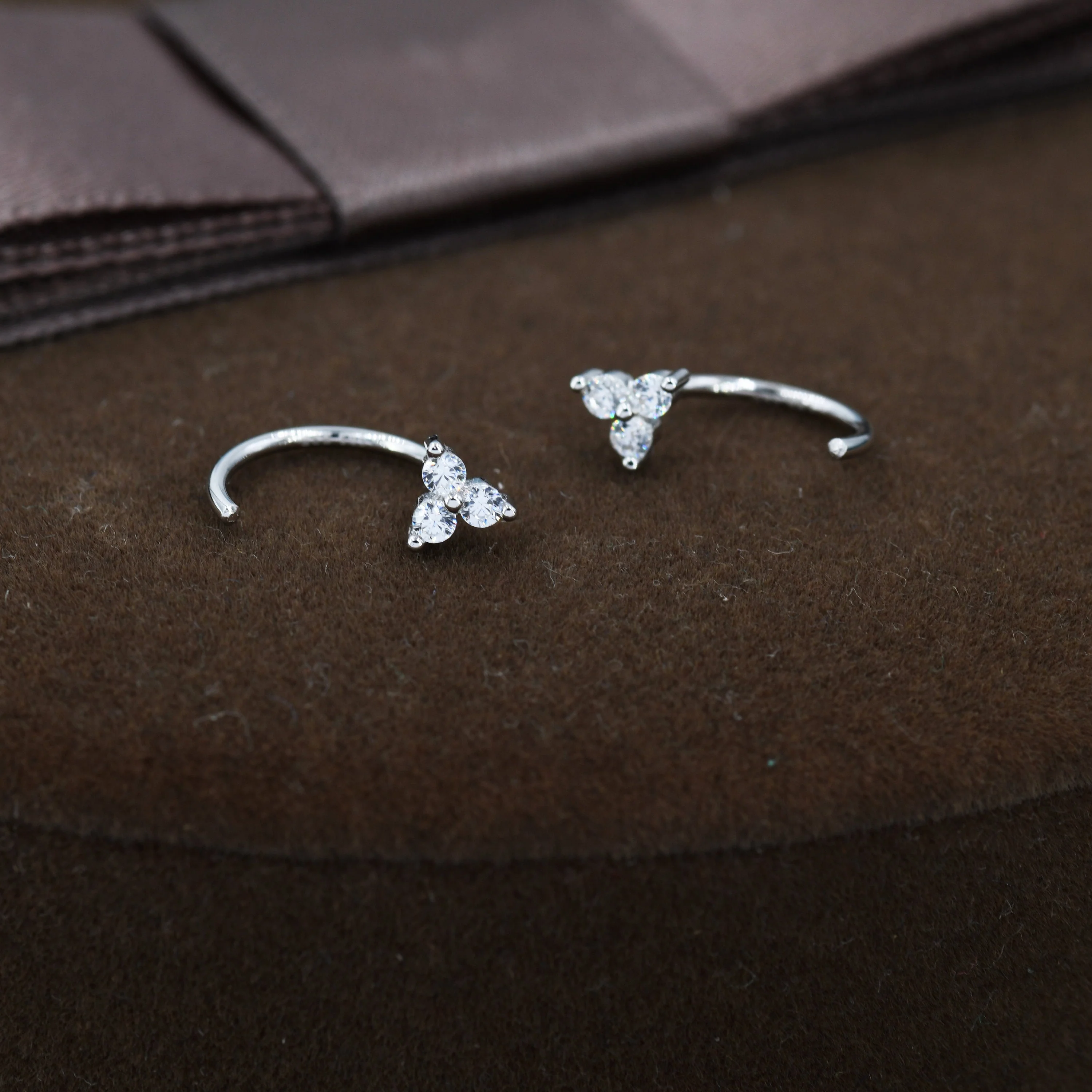 Three CZ Trinity Threader Hoop Earrings in Sterling Silver, Three Dot Open Hoop Earrings, Huggie Hoop,  Silver or Gold, Pull Through - Image 3