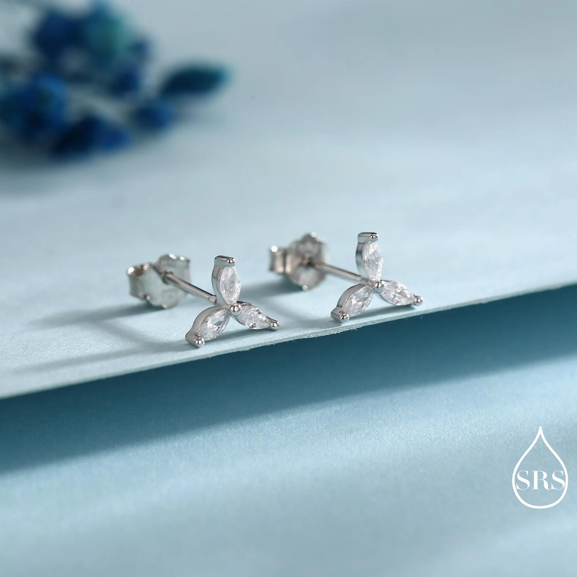 Three Marquise CZ Stud Earrings in Sterling Silver, Silver, Gold or Rose Gold, Three CZ Earrings, Trinity Earrings - Image 2