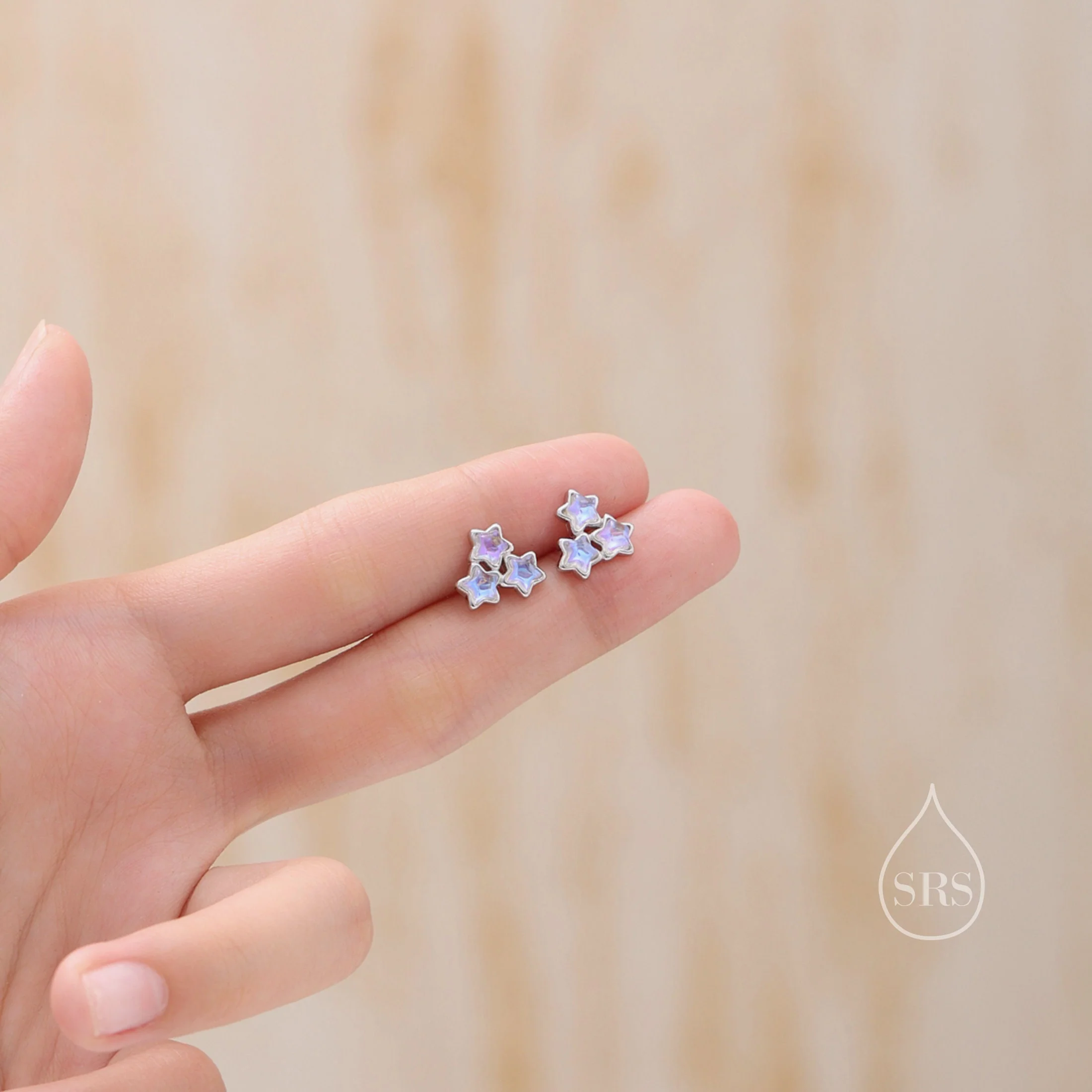Three Moonstone Star Stud Earrings in Sterling Silver, Silver or Gold or Rose Gold, Three Moonstone Star Earrings, Triple Star Earrings - Image 2