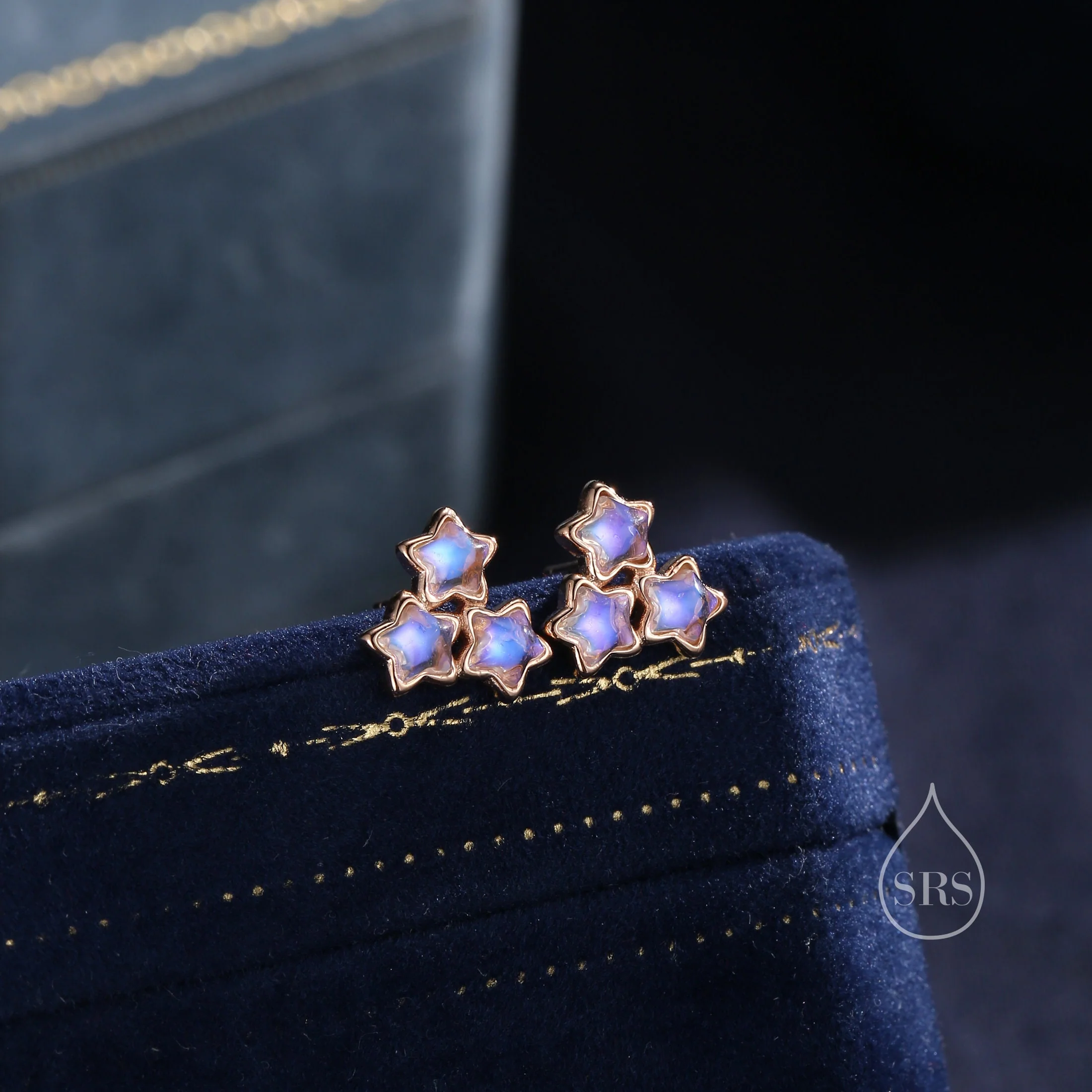 Three Moonstone Star Stud Earrings in Sterling Silver, Silver or Gold or Rose Gold, Three Moonstone Star Earrings, Triple Star Earrings - Image 3