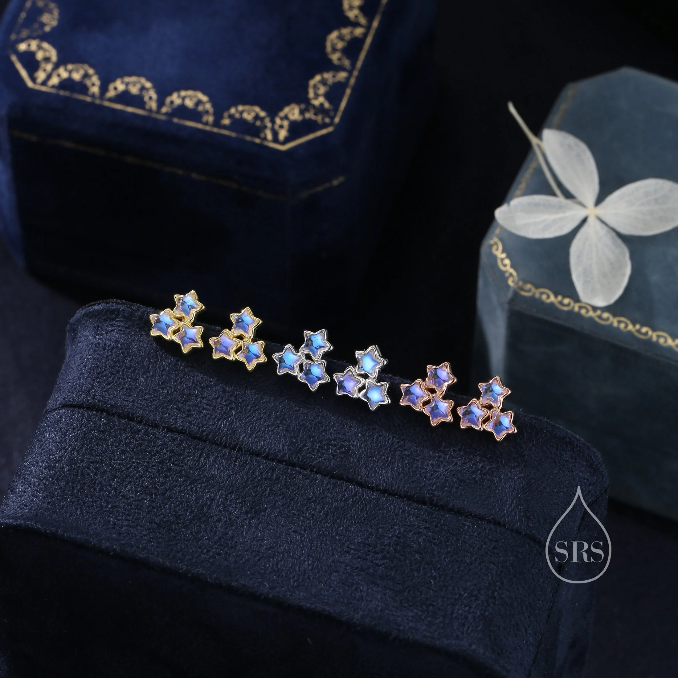 Three Moonstone Star Stud Earrings in Sterling Silver, Silver or Gold or Rose Gold, Three Moonstone Star Earrings, Triple Star Earrings - Image 4