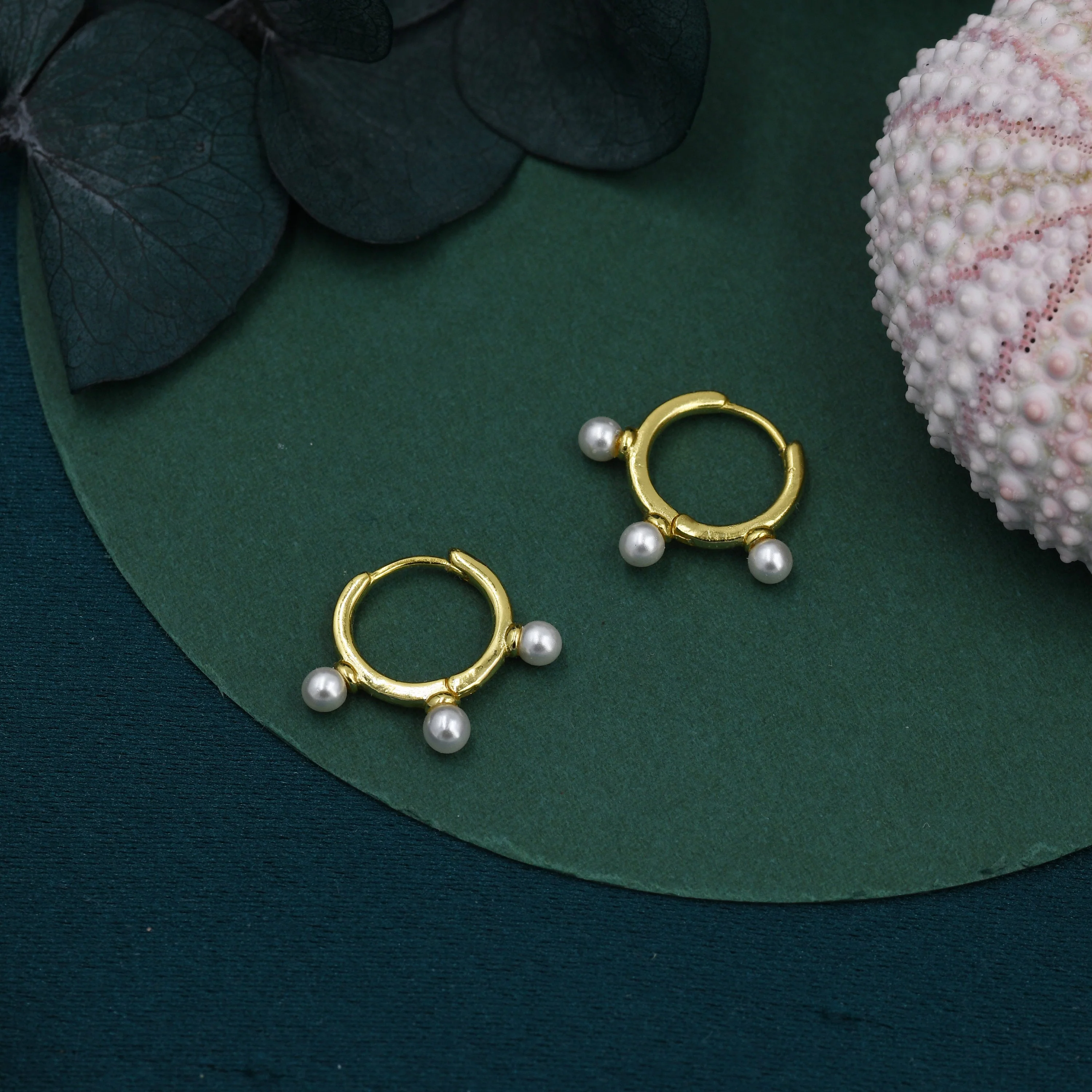 Three Pearl Huggie Hoop Earrings in Sterling Silver, Triple Pearl Hoop Earrings - Image 6