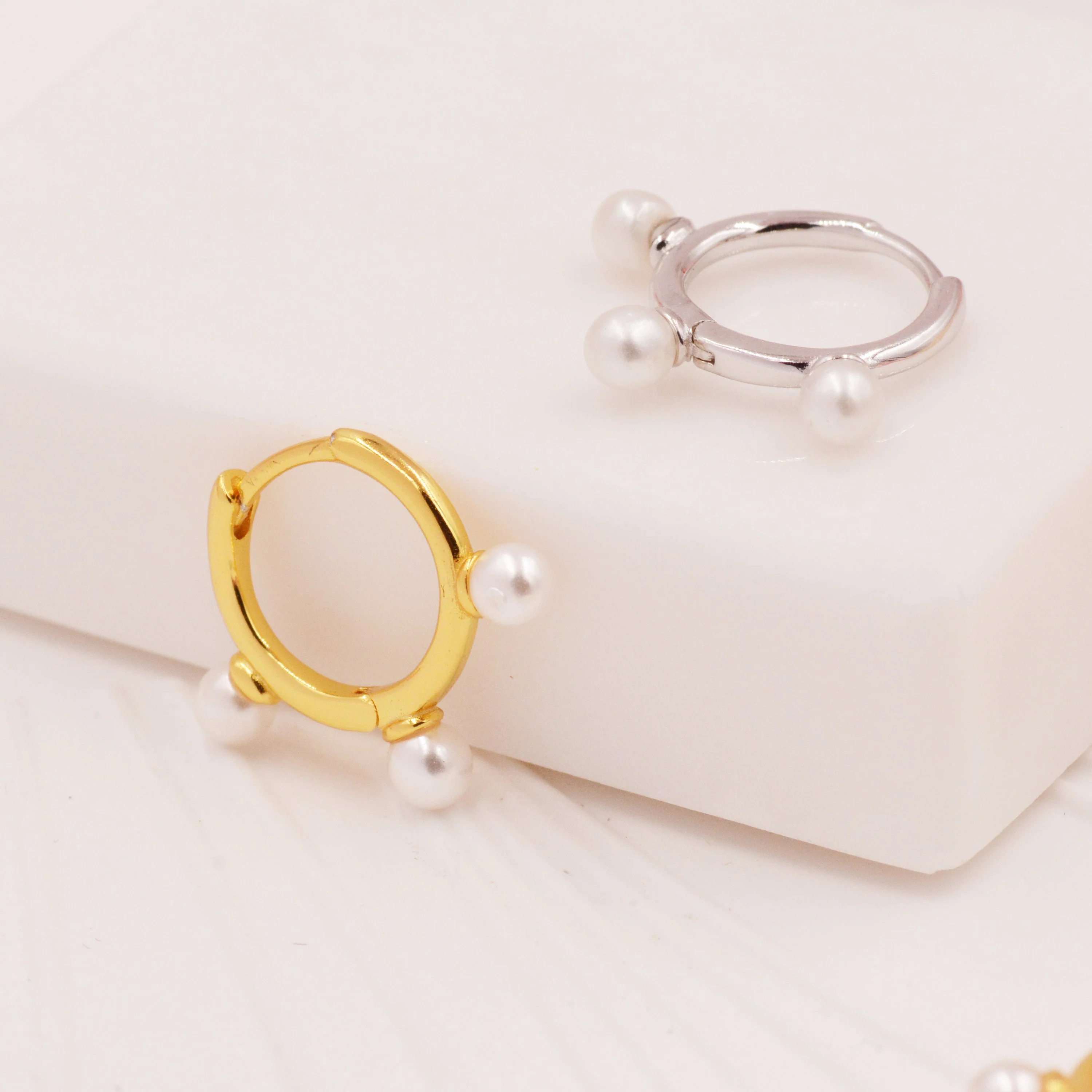 Three Pearl Huggie Hoop Earrings in Sterling Silver, Triple Pearl Hoop Earrings - Image 8