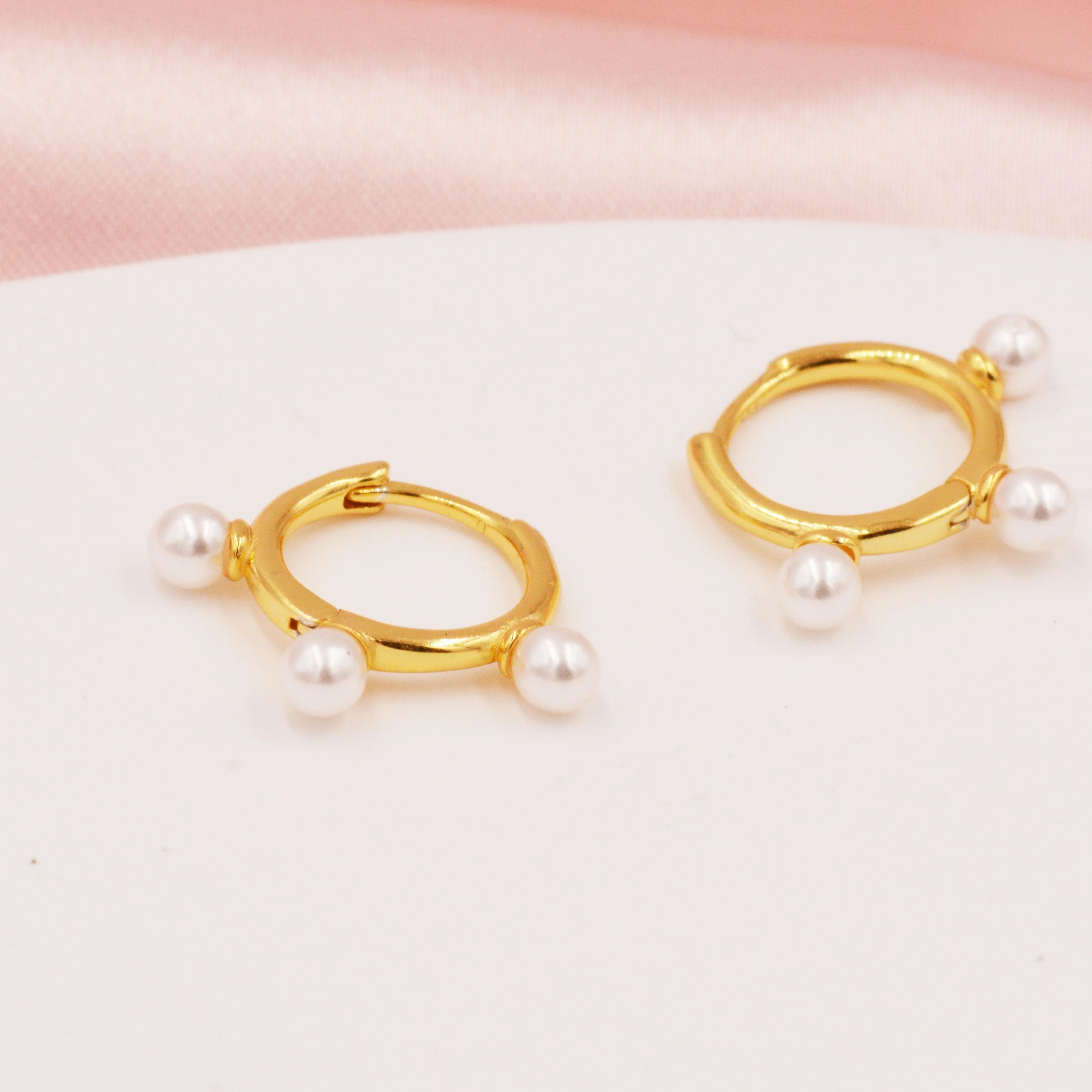 Three Pearl Huggie Hoop Earrings in Sterling Silver, Triple Pearl Hoop Earrings - Image 9