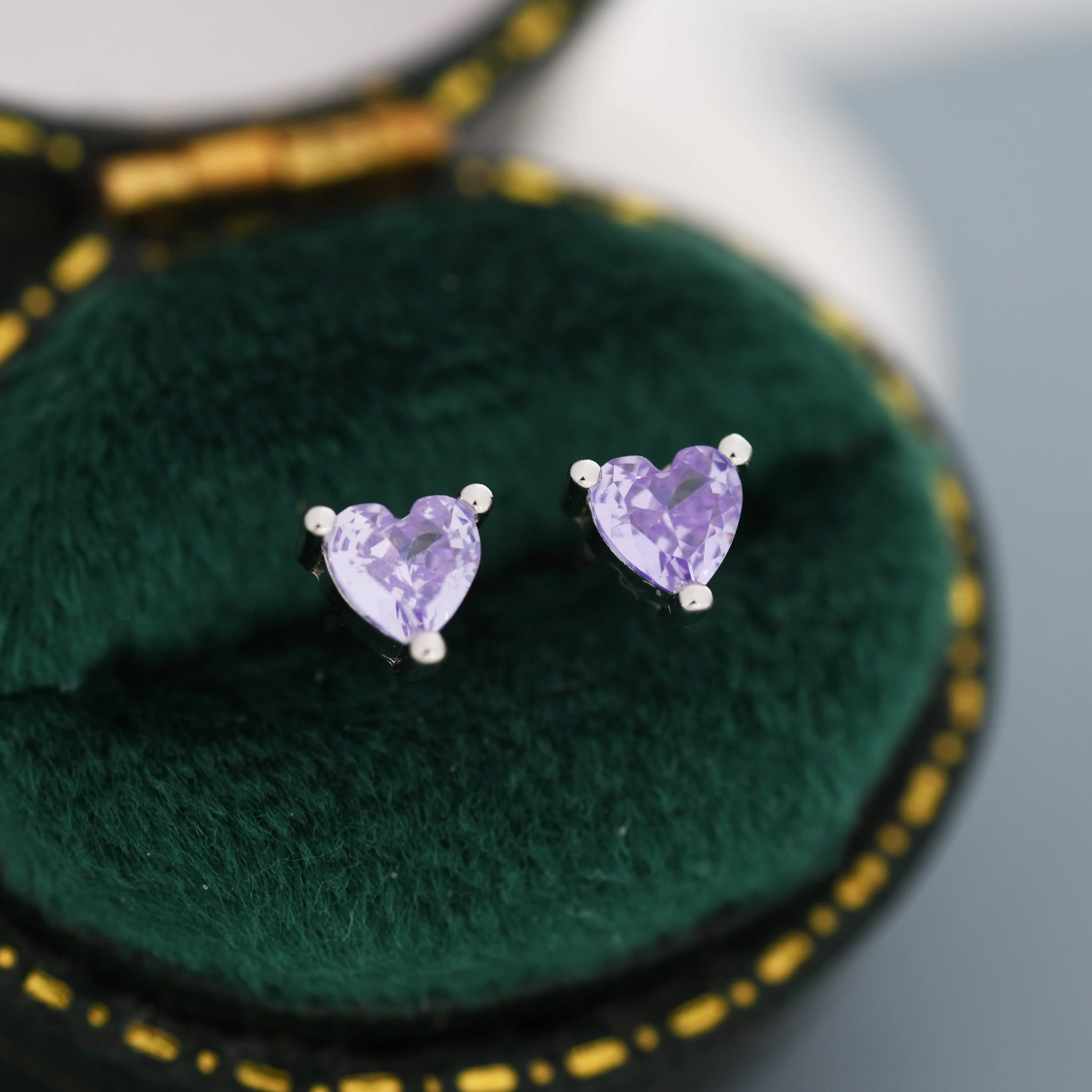 Tiny Alexandrite Purple Blue CZ Heart Stud Earrings in Sterling Silver, Silver or Gold, CZ Crystal Heart Earrings, Stacking Earrings - Image 5