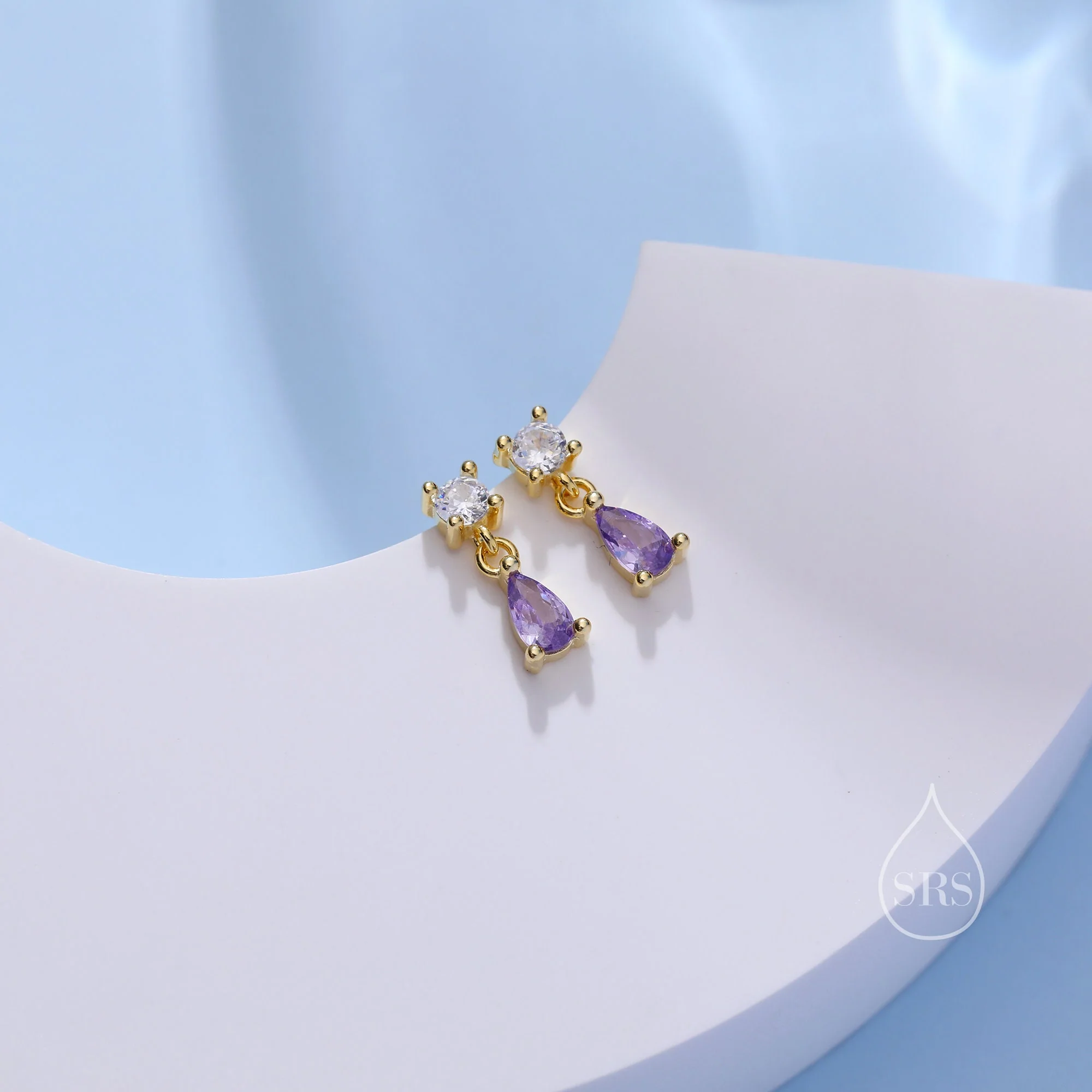 Tiny Amethyst Purple CZ Dangle Stud Earrings in Sterling Silver with Round and Droplet CZ, Silver or Gold, Two CZ Prong Set Earrings - Image 3