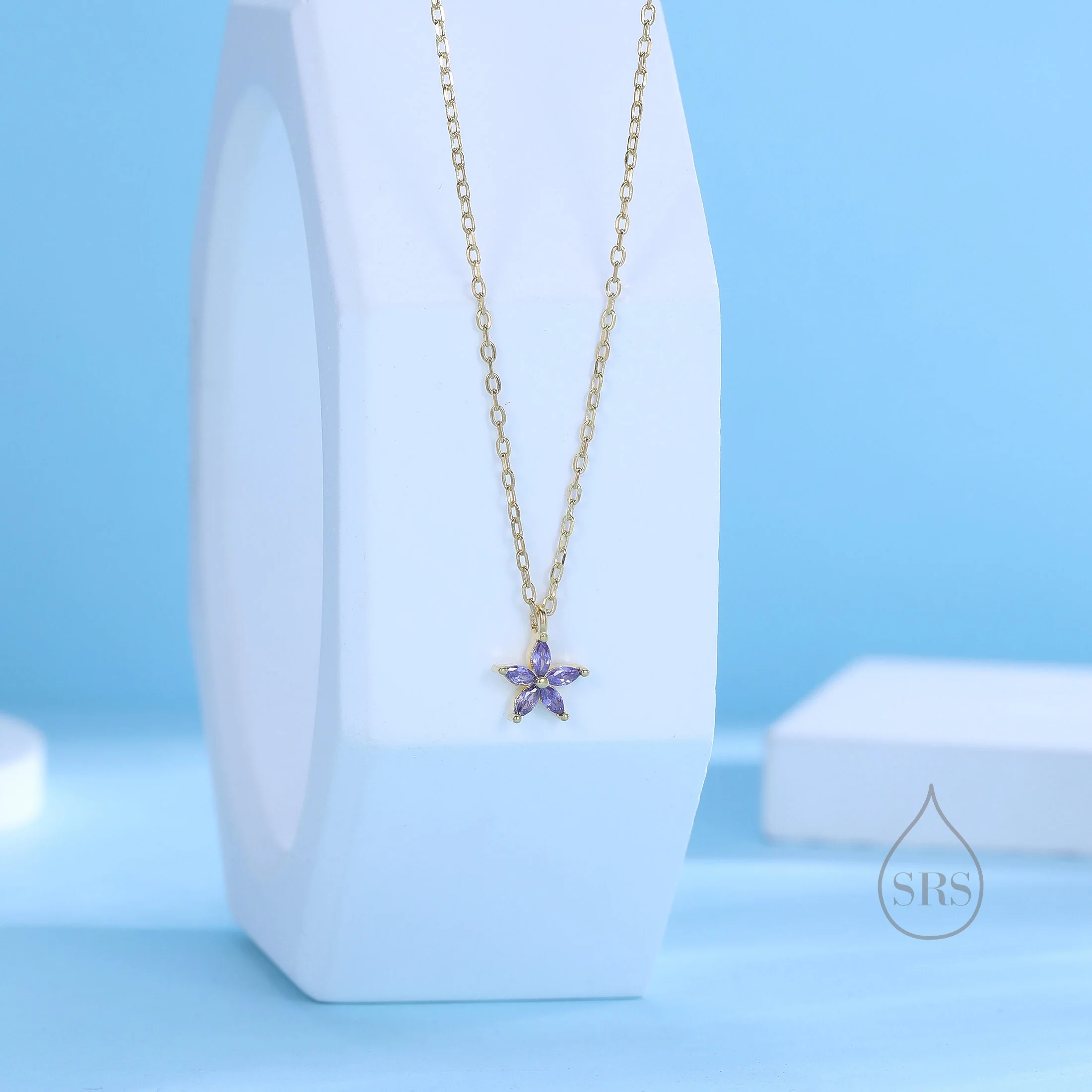 Tiny Amethyst Purple CZ Flower Necklace in Sterling Silver, Silver or Gold, CZ Flower Necklace, CZ Cluster Floral Necklace - Image 2