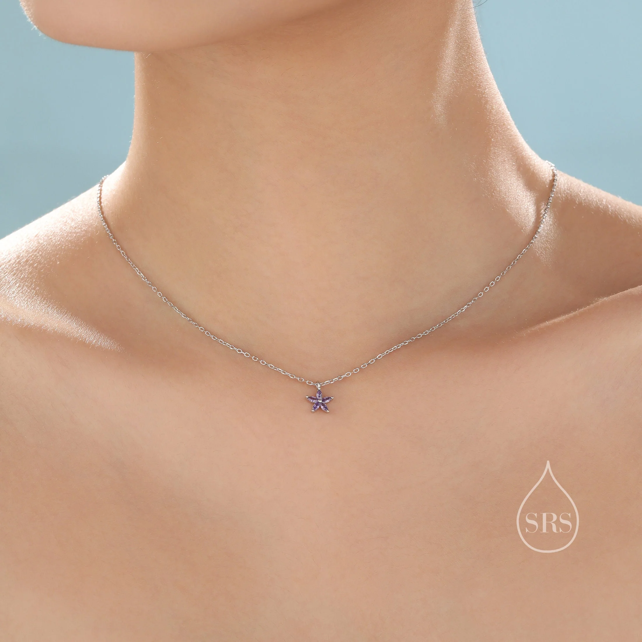 Tiny Amethyst Purple CZ Flower Necklace in Sterling Silver, Silver or Gold, CZ Flower Necklace, CZ Cluster Floral Necklace - Image 4
