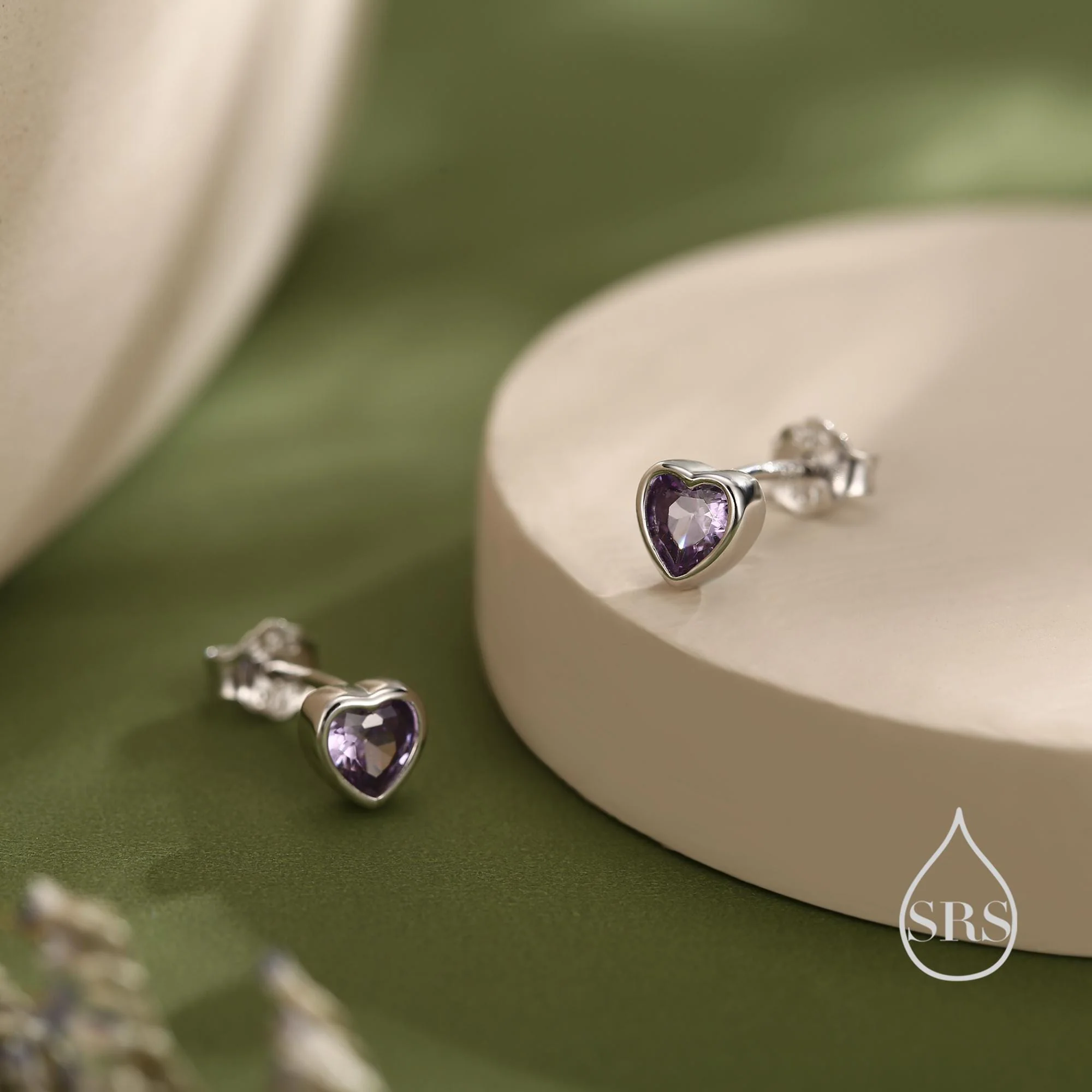 Tiny Amethyst Purple CZ Heart Stud Earrings in Sterling Silver, Silver or Gold, Purple Crystal Heart Earrings, Stacking Earrings - Image 3