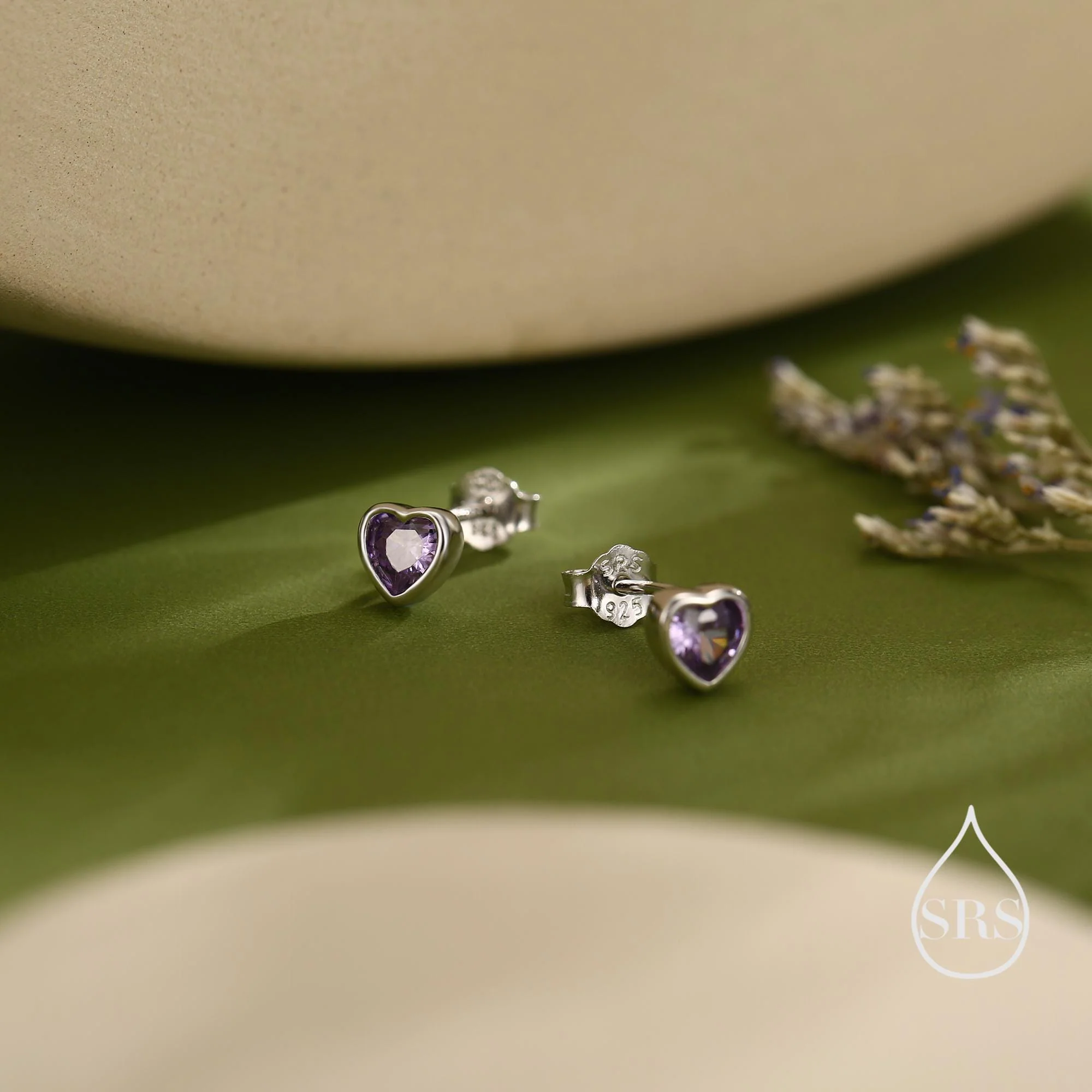 Tiny Amethyst Purple CZ Heart Stud Earrings in Sterling Silver, Silver or Gold, Purple Crystal Heart Earrings, Stacking Earrings - Image 4