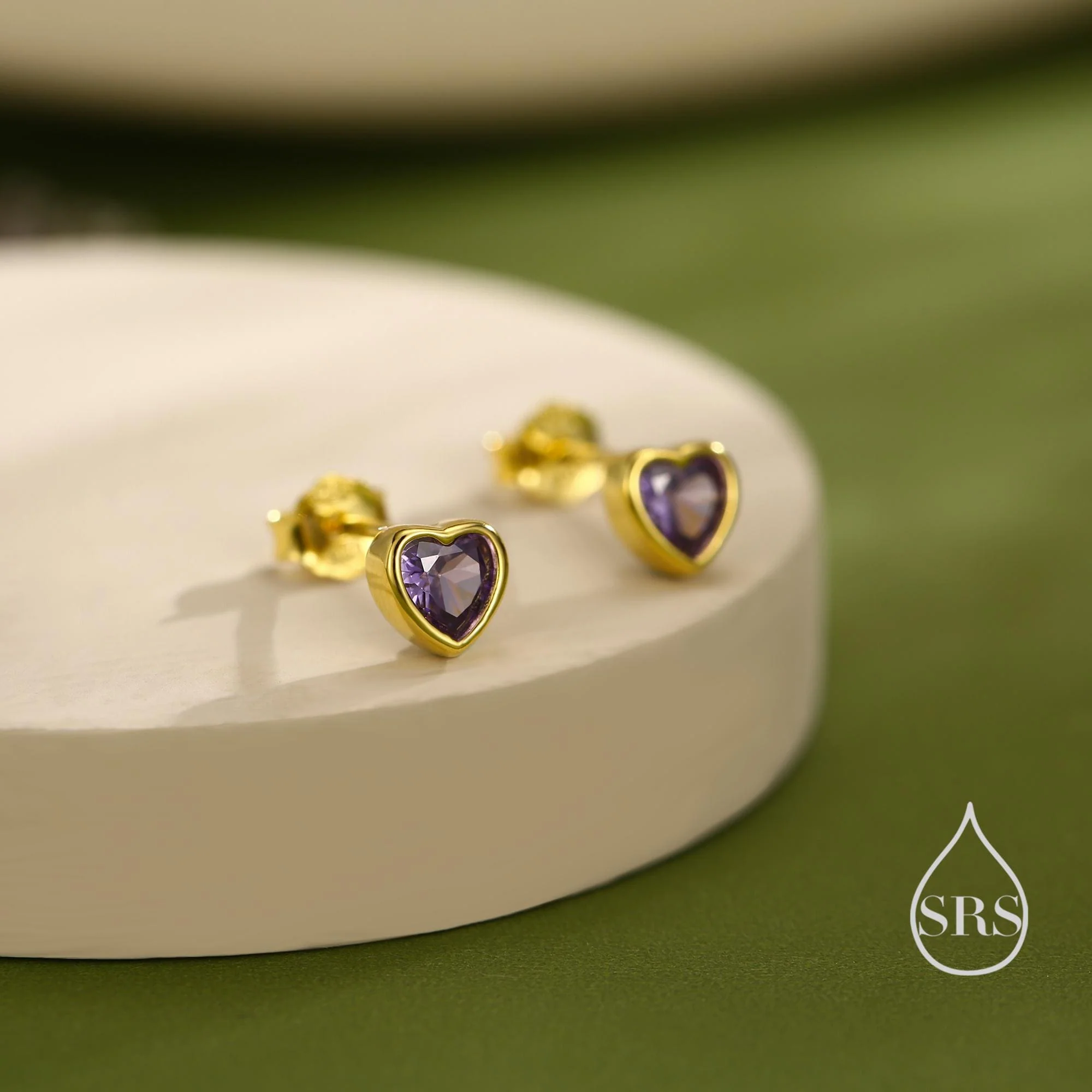 Tiny Amethyst Purple CZ Heart Stud Earrings in Sterling Silver, Silver or Gold, Purple Crystal Heart Earrings, Stacking Earrings - Image 5