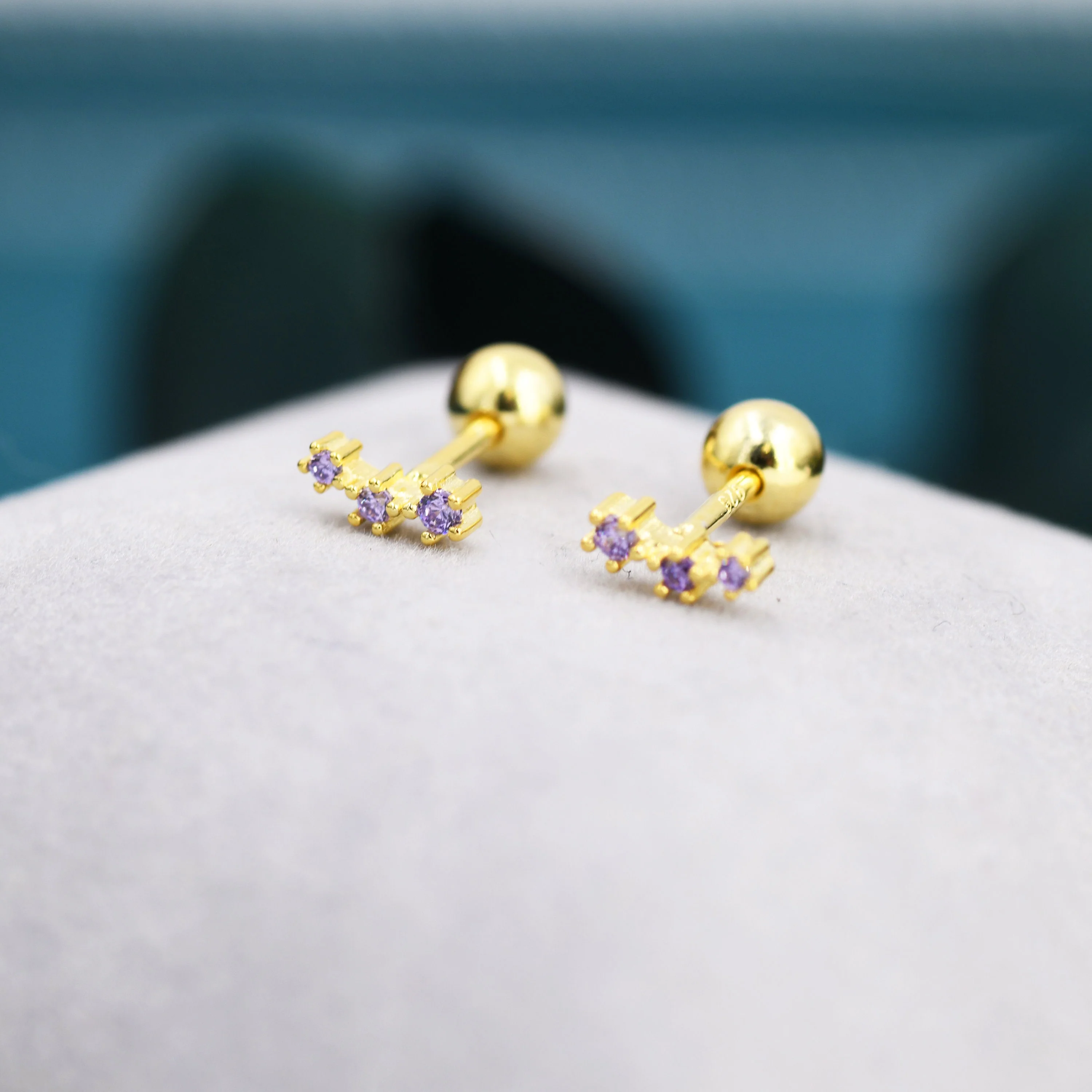 Tiny Amethyst Purple CZ Trio Screw Back Earrings in Sterling Silver, Silver or Gold, Tiny Three Star CZ Barbell Earrings, Stacking Earrings - Image 3