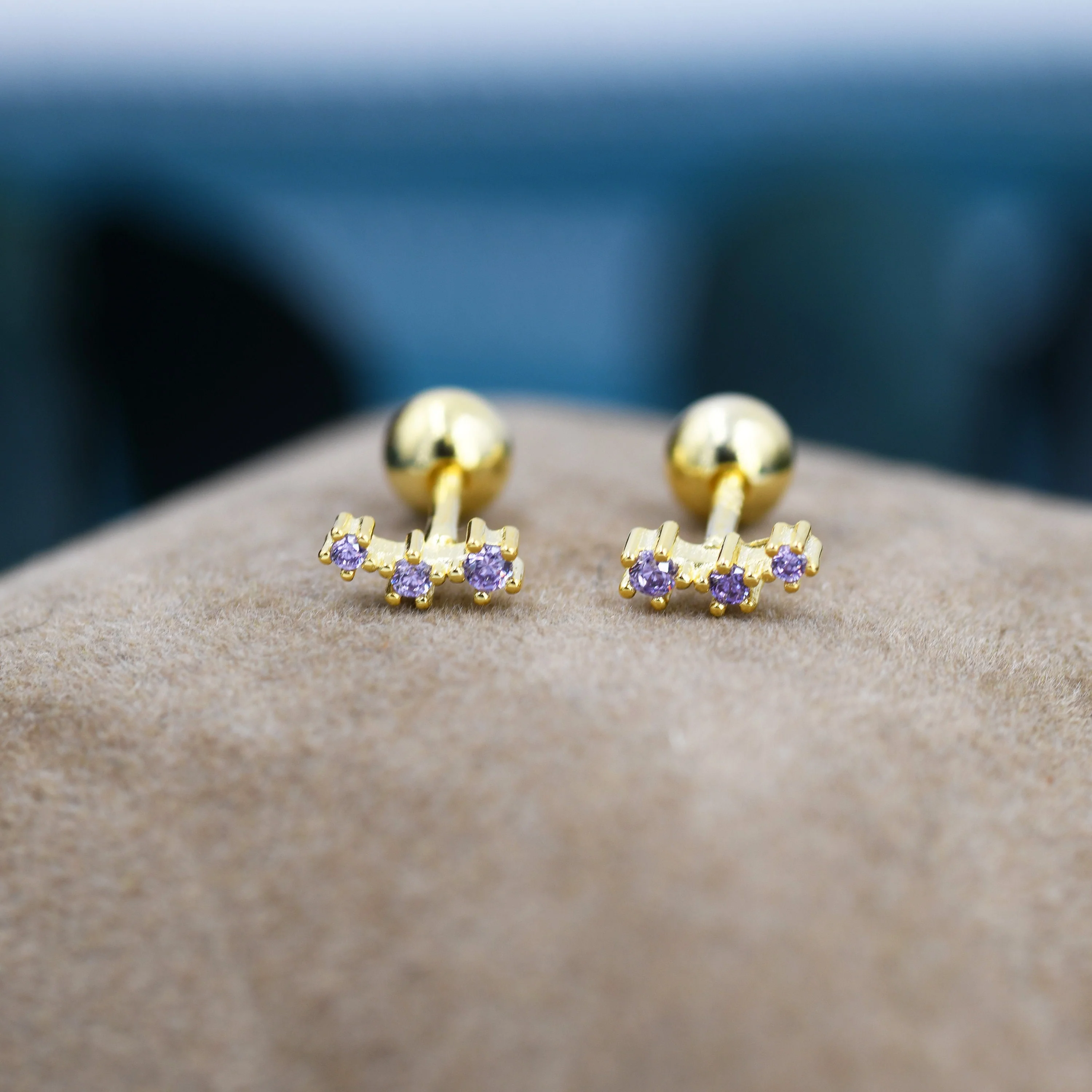 Tiny Amethyst Purple CZ Trio Screw Back Earrings in Sterling Silver, Silver or Gold, Tiny Three Star CZ Barbell Earrings, Stacking Earrings - Image 7
