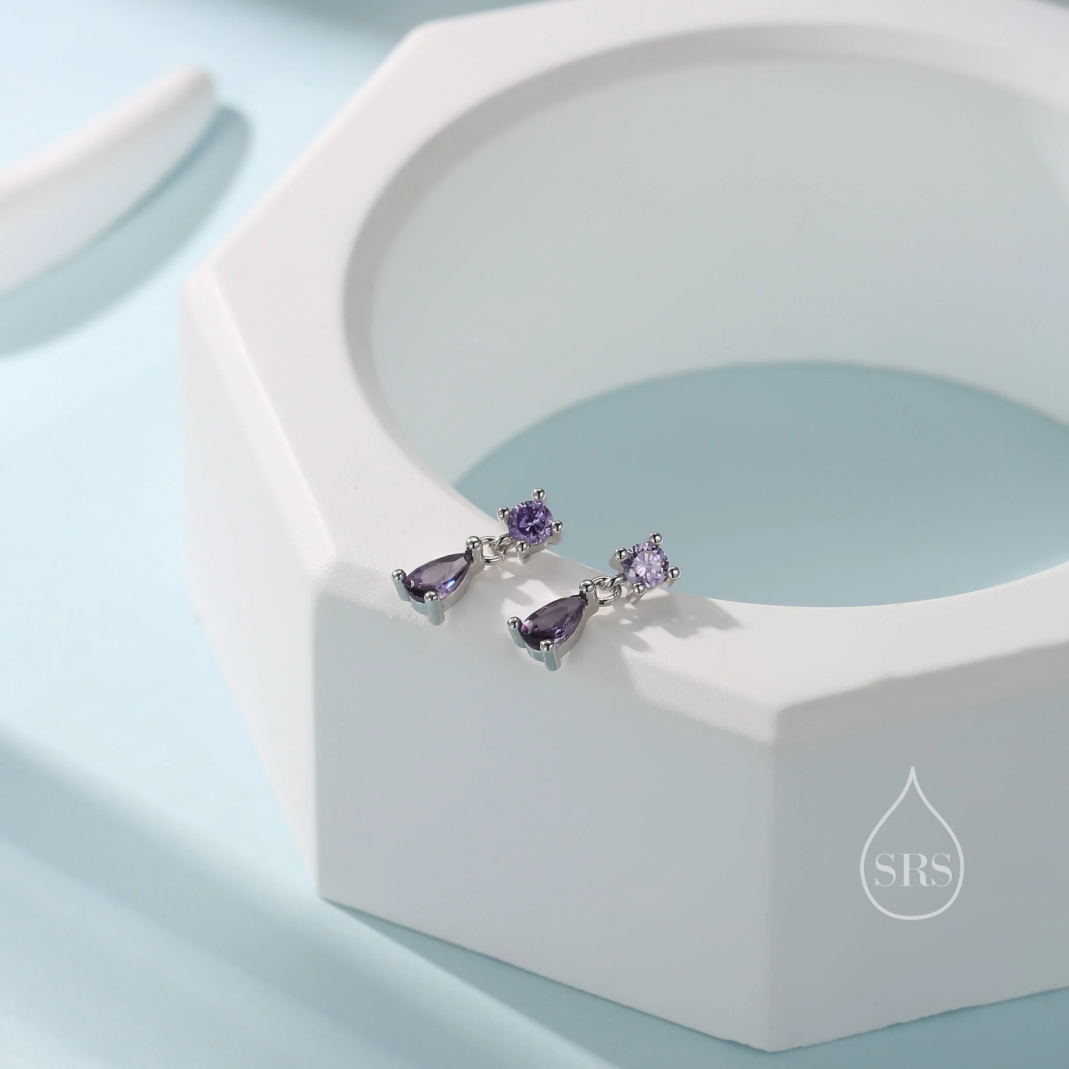 Tiny Amethyst Purple Double CZ Stud Earrings in Sterling Silver with Round and Droplet CZ, Silver or Gold, Two CZ Prong Set Earrings - Image 3