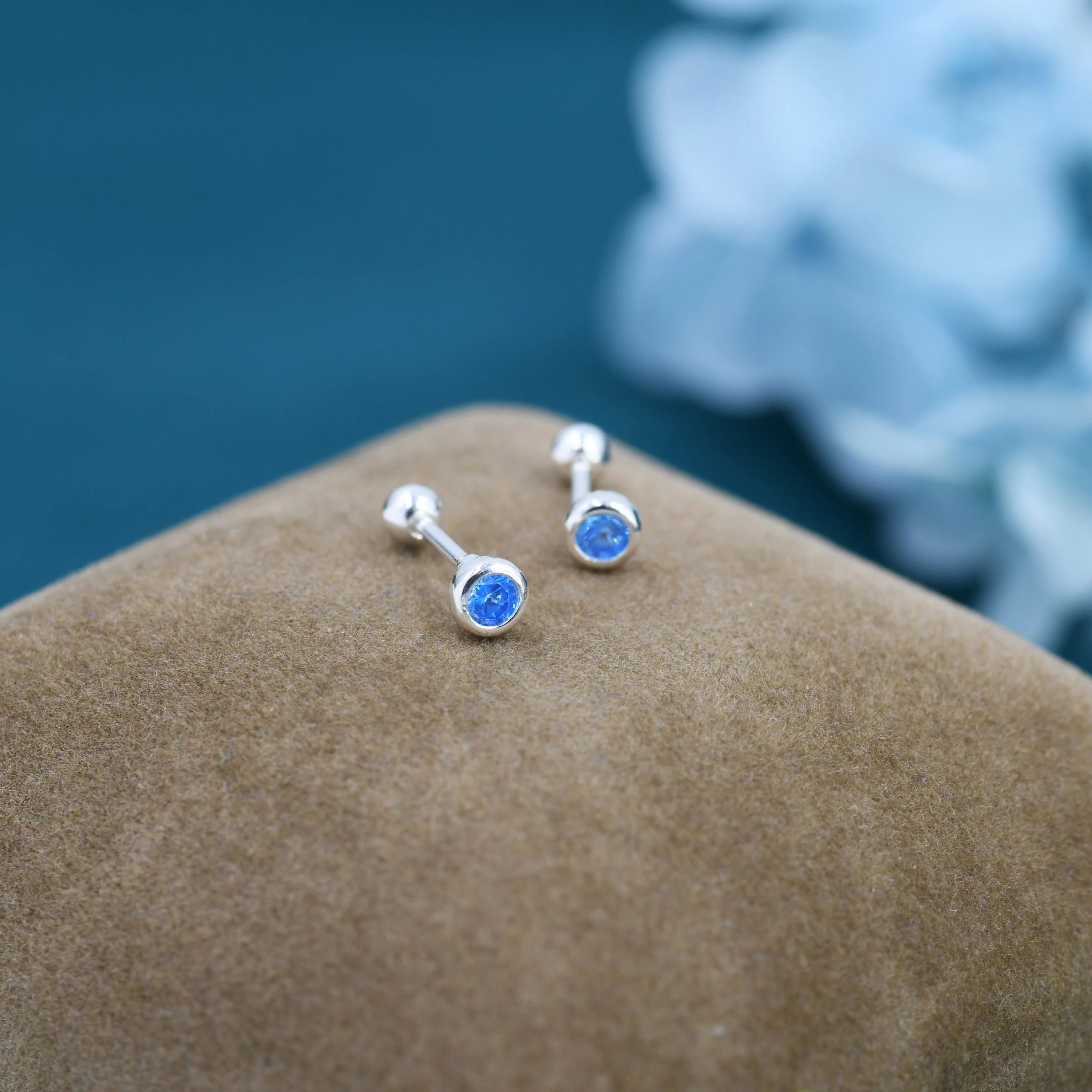 Tiny Aquamarine Blue CZ Barbell Earrings in Sterling Silver,  3mm CZ Screw Back  Dot Earrings, Screwback Earrings, March Birthstone