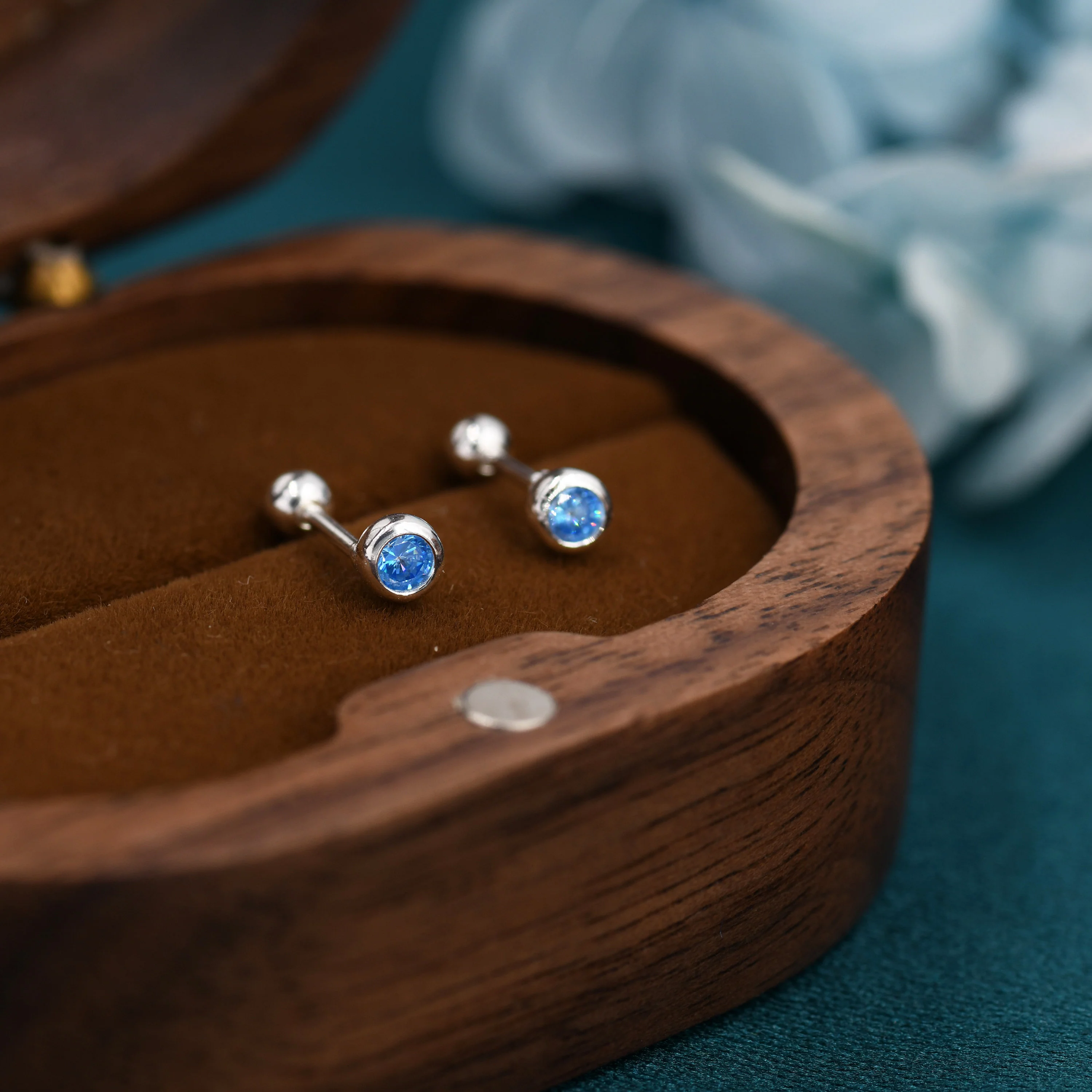 Tiny Aquamarine Blue CZ Barbell Earrings in Sterling Silver,  3mm CZ Screw Back  Dot Earrings, Screwback Earrings, March Birthstone - Image 2