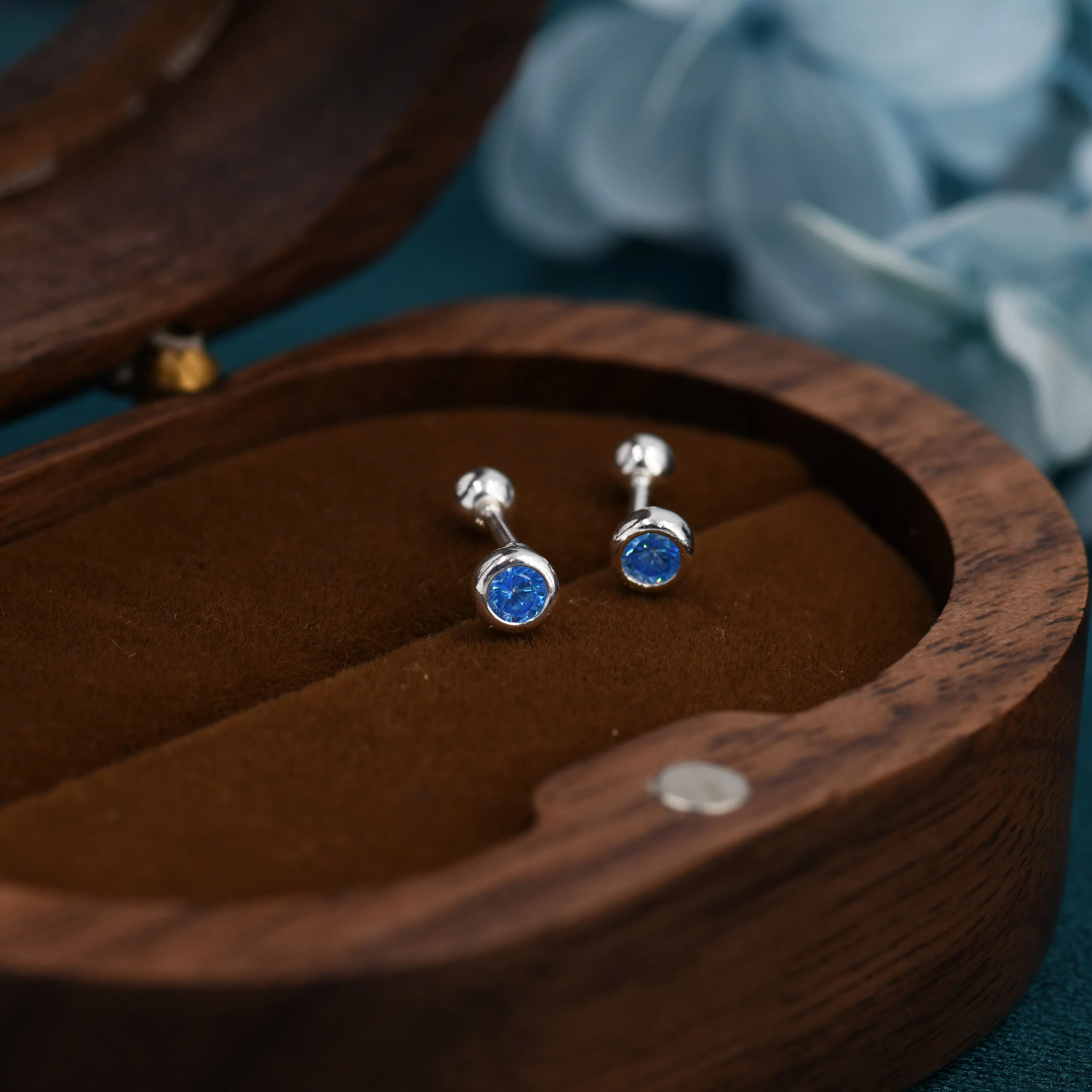 Tiny Aquamarine Blue CZ Barbell Earrings in Sterling Silver,  3mm CZ Screw Back  Dot Earrings, Screwback Earrings, March Birthstone - Image 3