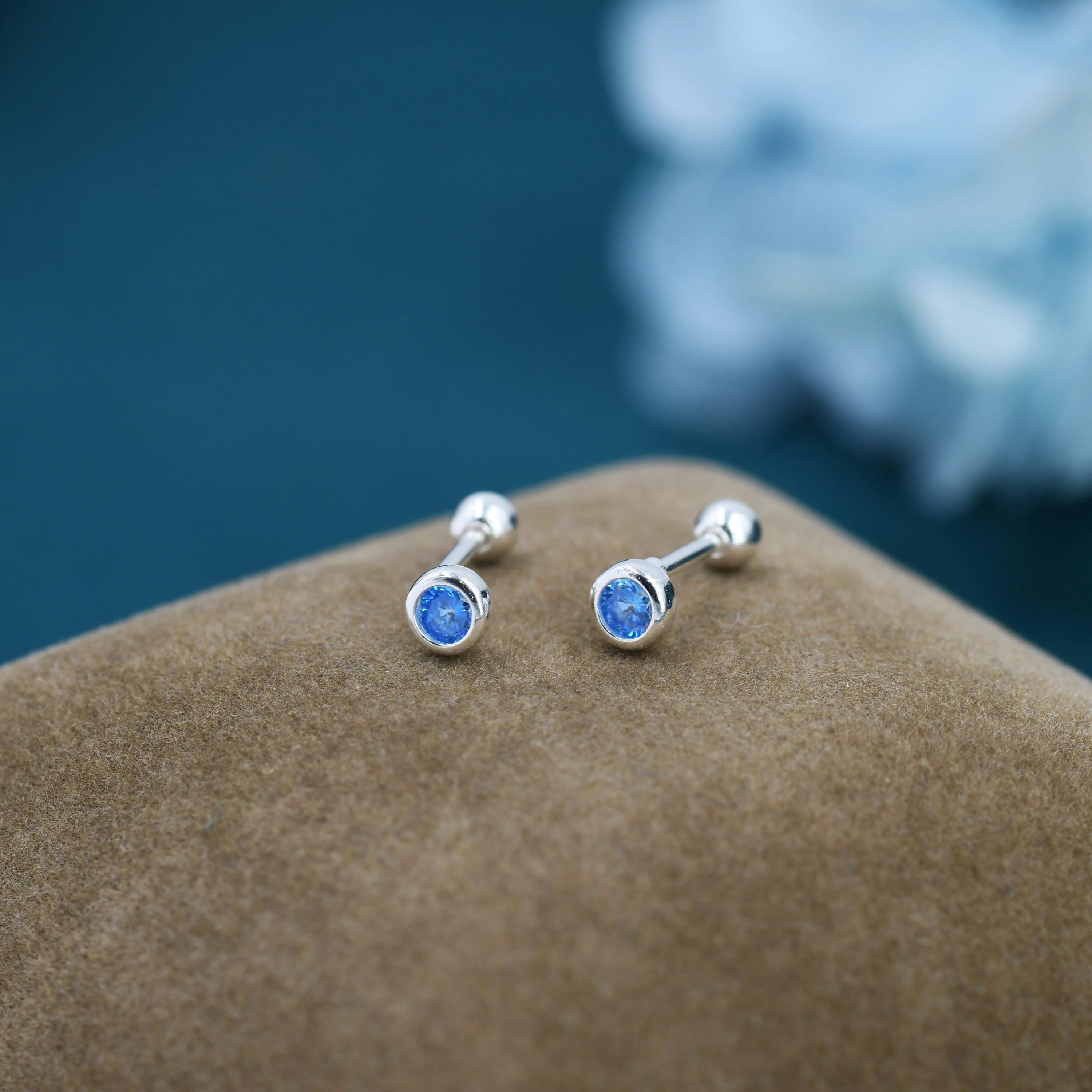 Tiny Aquamarine Blue CZ Barbell Earrings in Sterling Silver,  3mm CZ Screw Back  Dot Earrings, Screwback Earrings, March Birthstone - Image 4