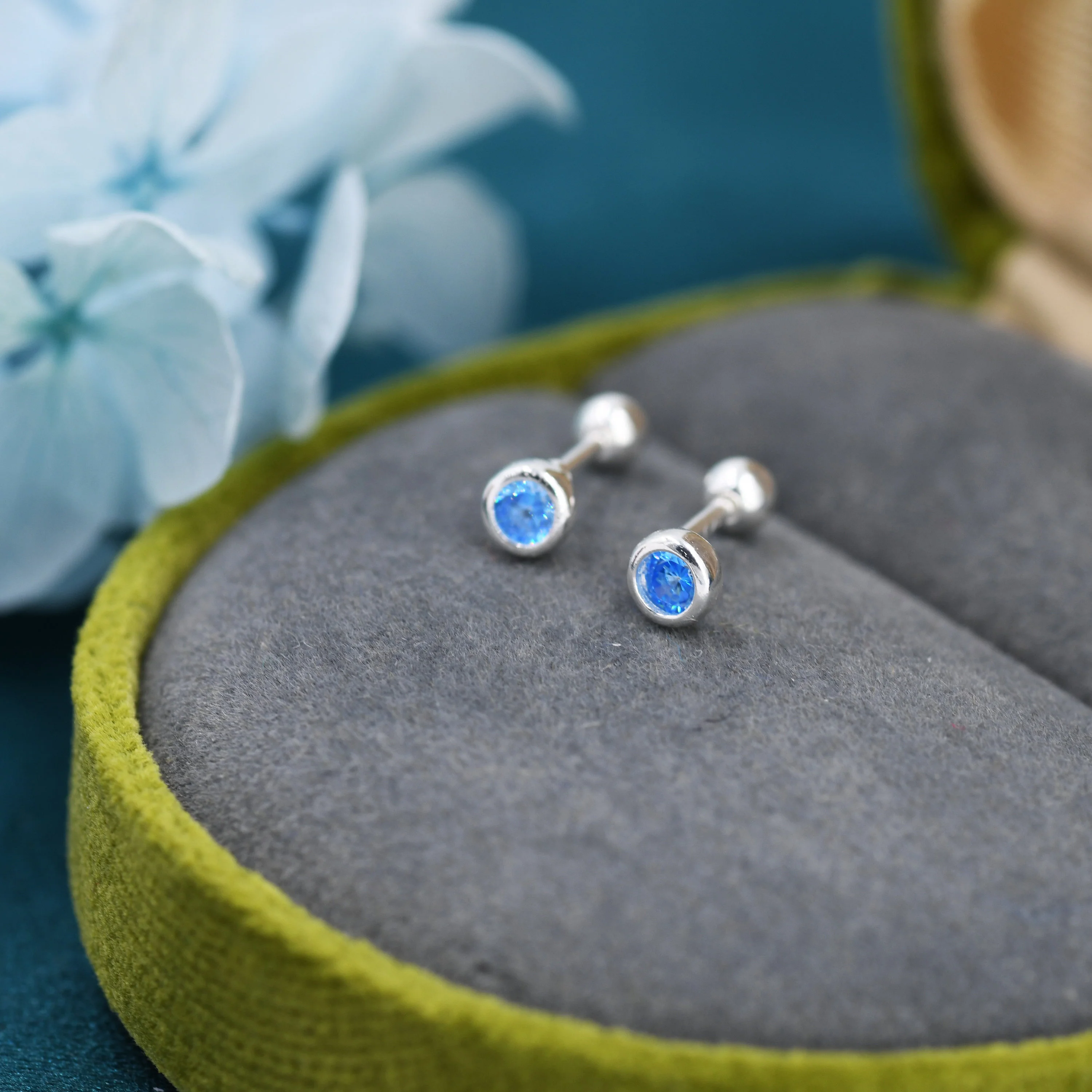 Tiny Aquamarine Blue CZ Barbell Earrings in Sterling Silver,  3mm CZ Screw Back  Dot Earrings, Screwback Earrings, March Birthstone - Image 5