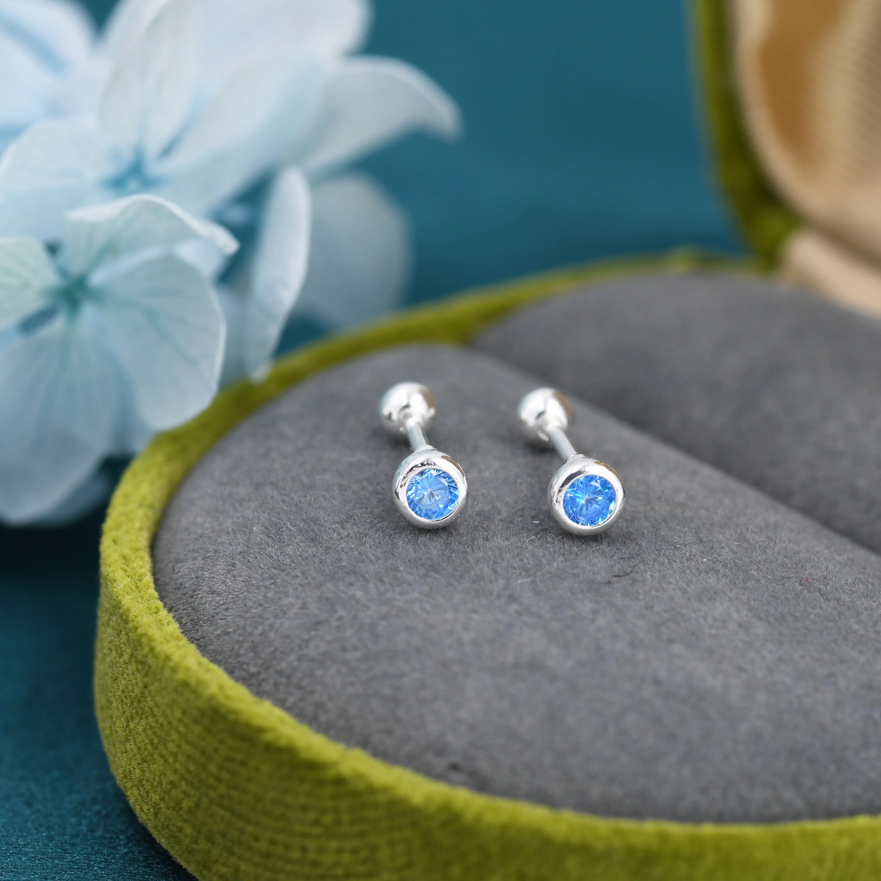 Tiny Aquamarine Blue CZ Barbell Earrings in Sterling Silver,  3mm CZ Screw Back  Dot Earrings, Screwback Earrings, March Birthstone - Image 6