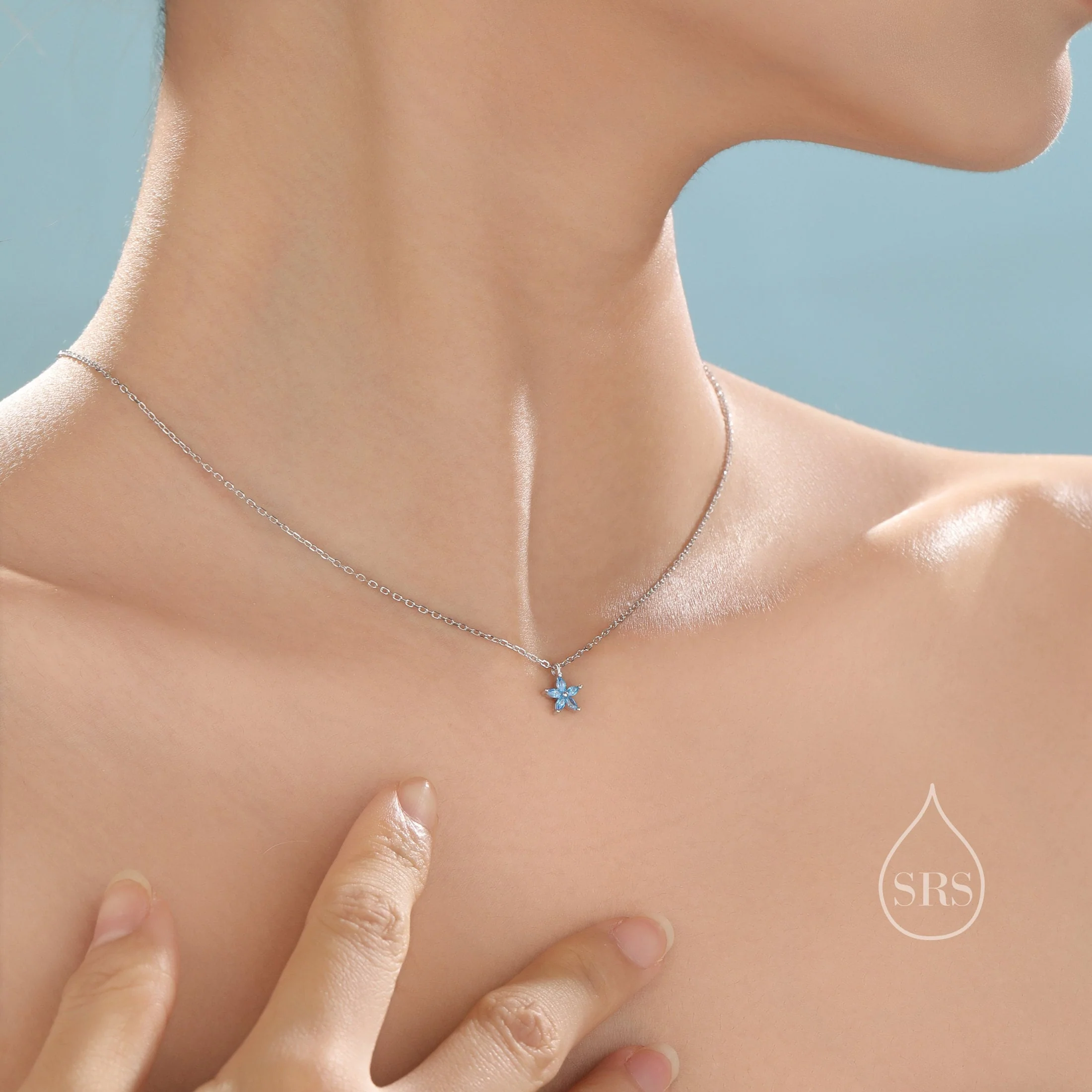 Tiny Aquamarine Blue CZ Flower Necklace in Sterling Silver, Silver or Gold, CZ Flower Necklace, CZ Cluster Floral Necklace - Image 2
