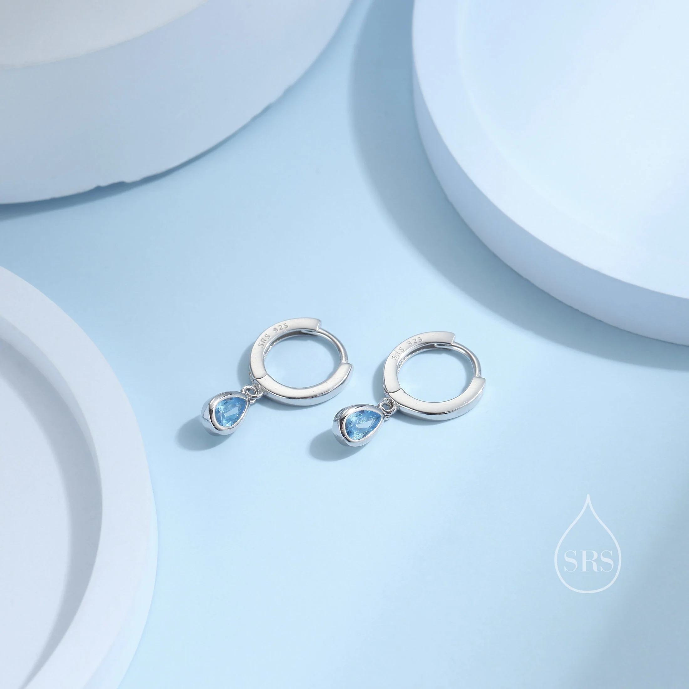 Tiny Aquamarine Blue Droplet CZ Huggie Hoop Earrings in Sterling Silver, Geometric Hoop Earrings - Image 3