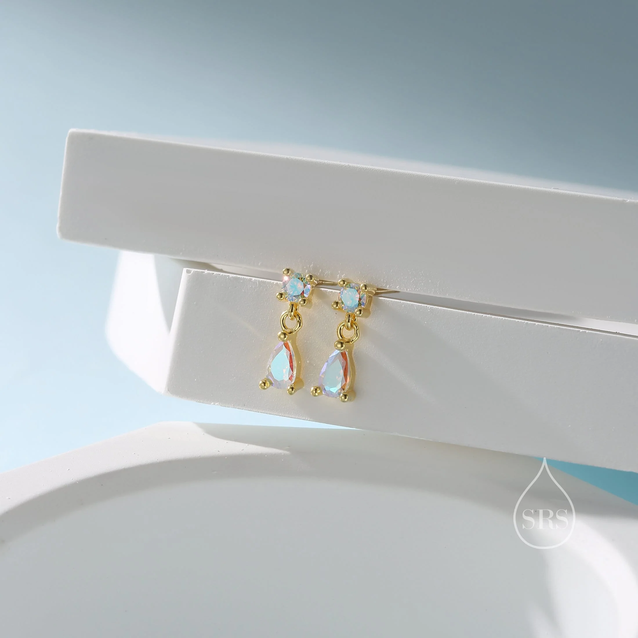 Tiny Aurora CZ Dangle Stud Earrings in Sterling Silver with Round and Droplet CZ, Silver or Gold, Two CZ Prong Set Earrings, Colour Changing - Image 2