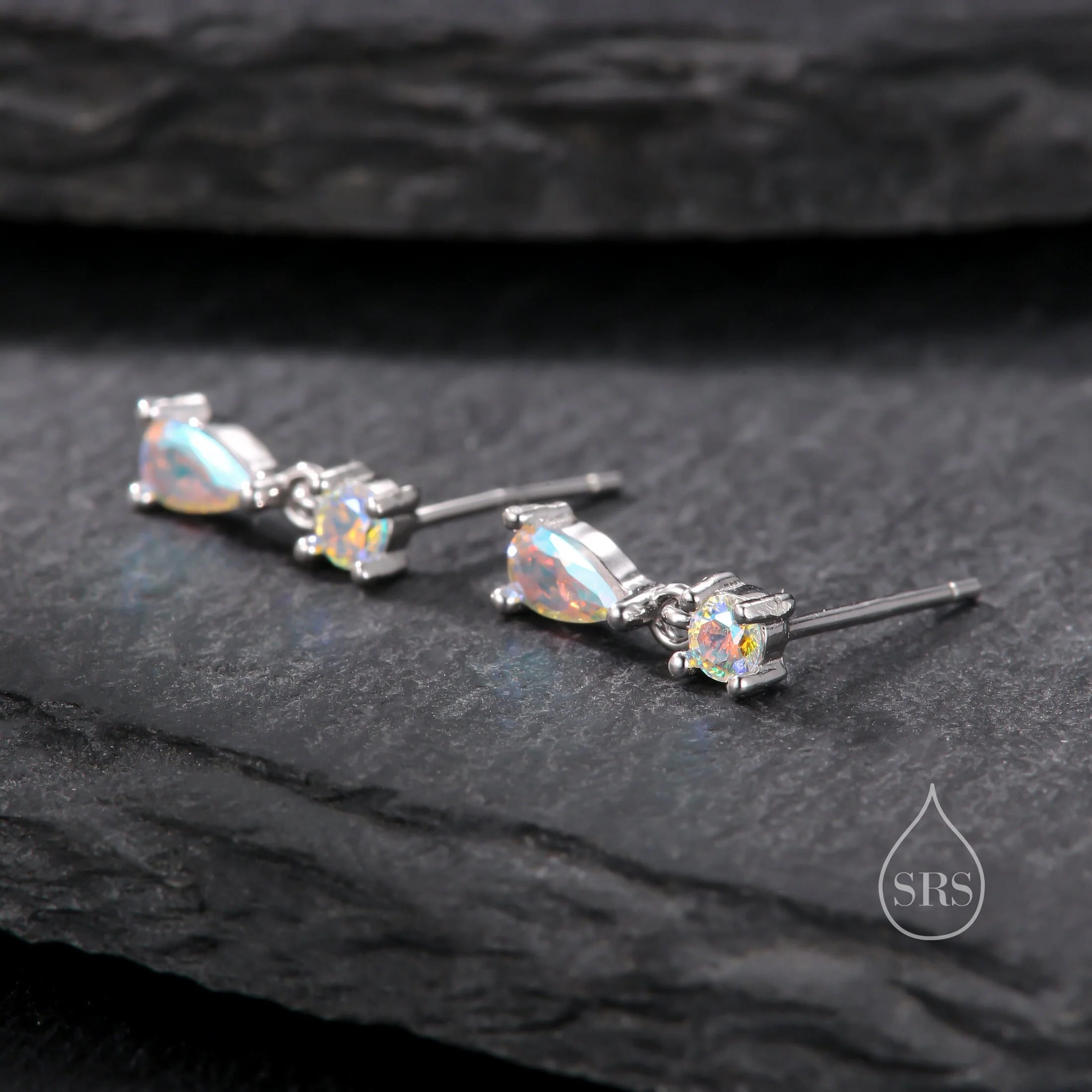 Tiny Aurora CZ Dangle Stud Earrings in Sterling Silver with Round and Droplet CZ, Silver or Gold, Two CZ Prong Set Earrings, Colour Changing - Image 5