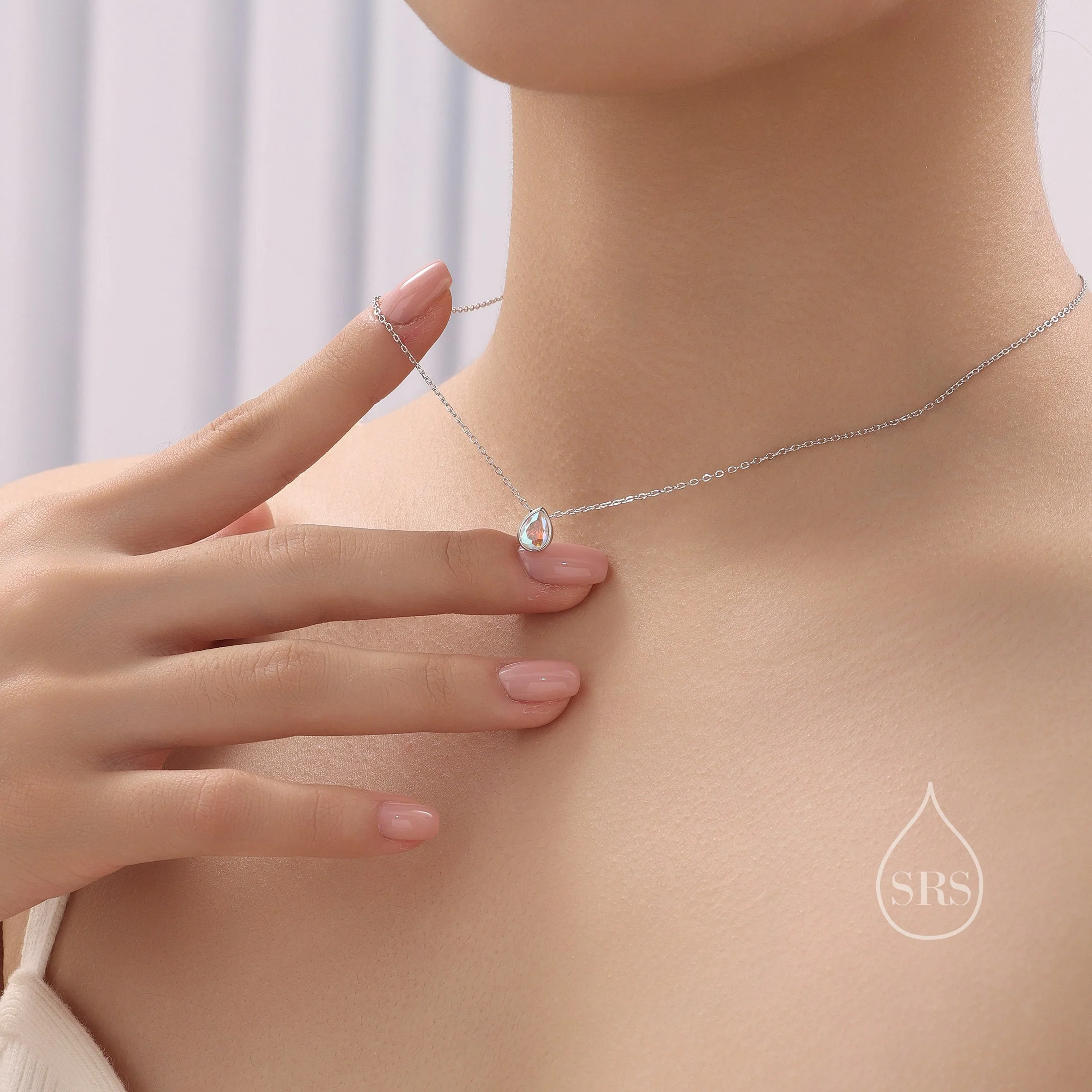 Tiny Aurora CZ Droplet Pendant Necklace in Sterling Silver, Silver or Gold or Rose Gold, Minimalist Pear Cut AB Crystal CZ Necklace - Image 2
