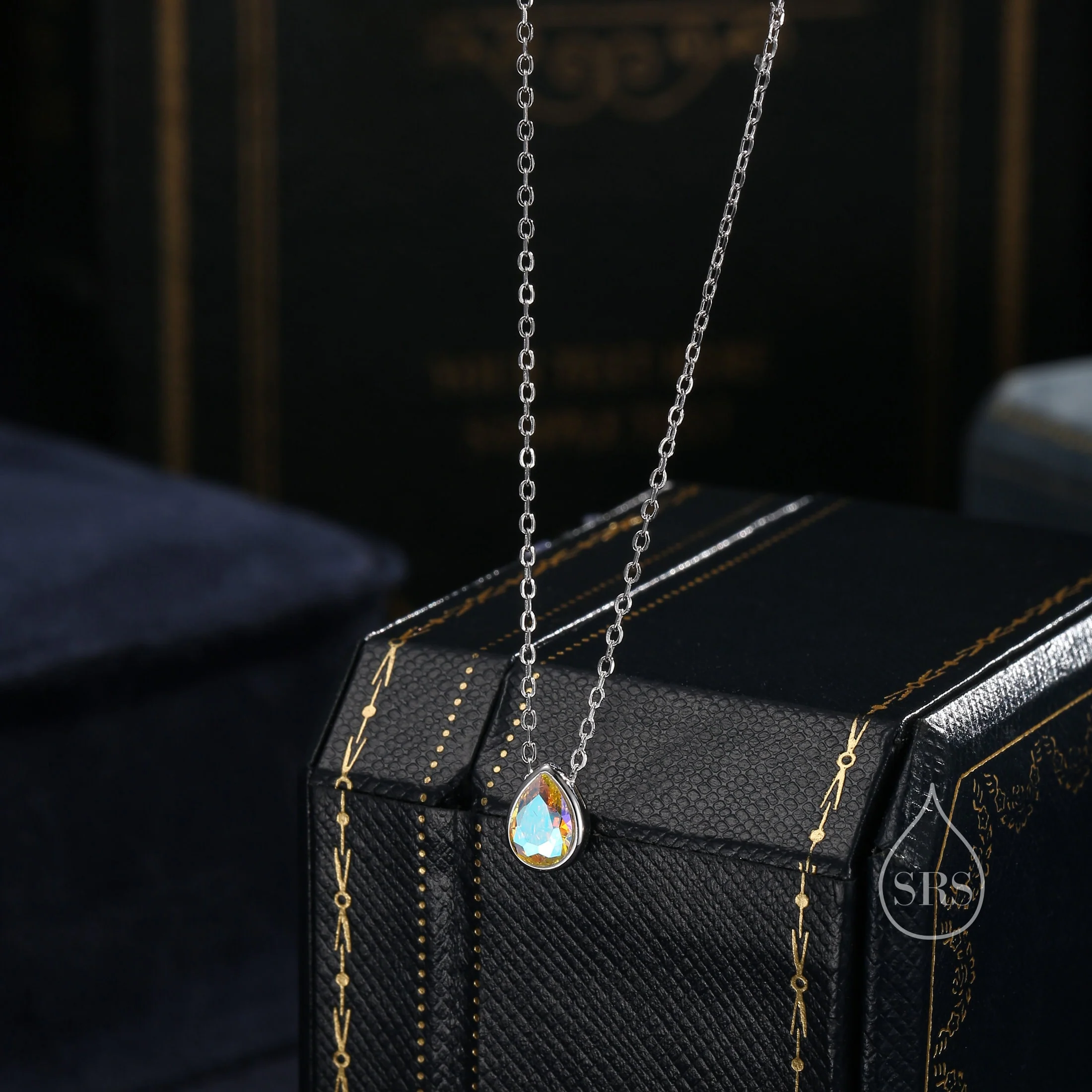 Tiny Aurora CZ Droplet Pendant Necklace in Sterling Silver, Silver or Gold or Rose Gold, Minimalist Pear Cut AB Crystal CZ Necklace - Image 3