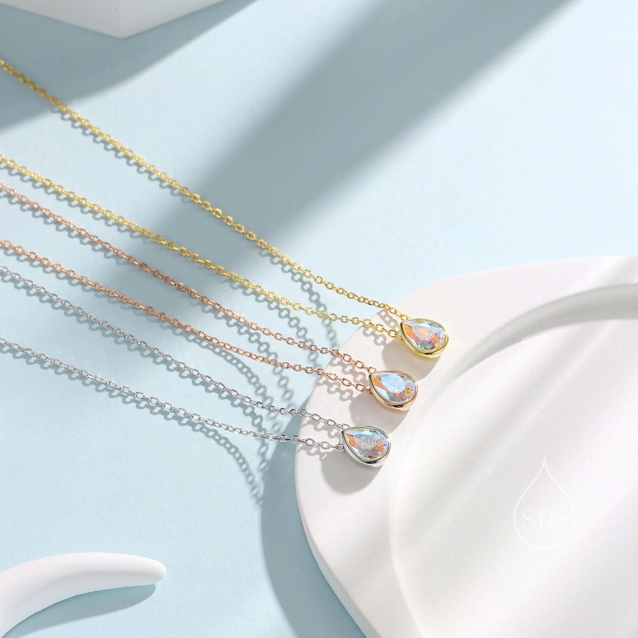 Tiny Aurora CZ Droplet Pendant Necklace in Sterling Silver, Silver or Gold or Rose Gold, Minimalist Pear Cut AB Crystal CZ Necklace - Image 7