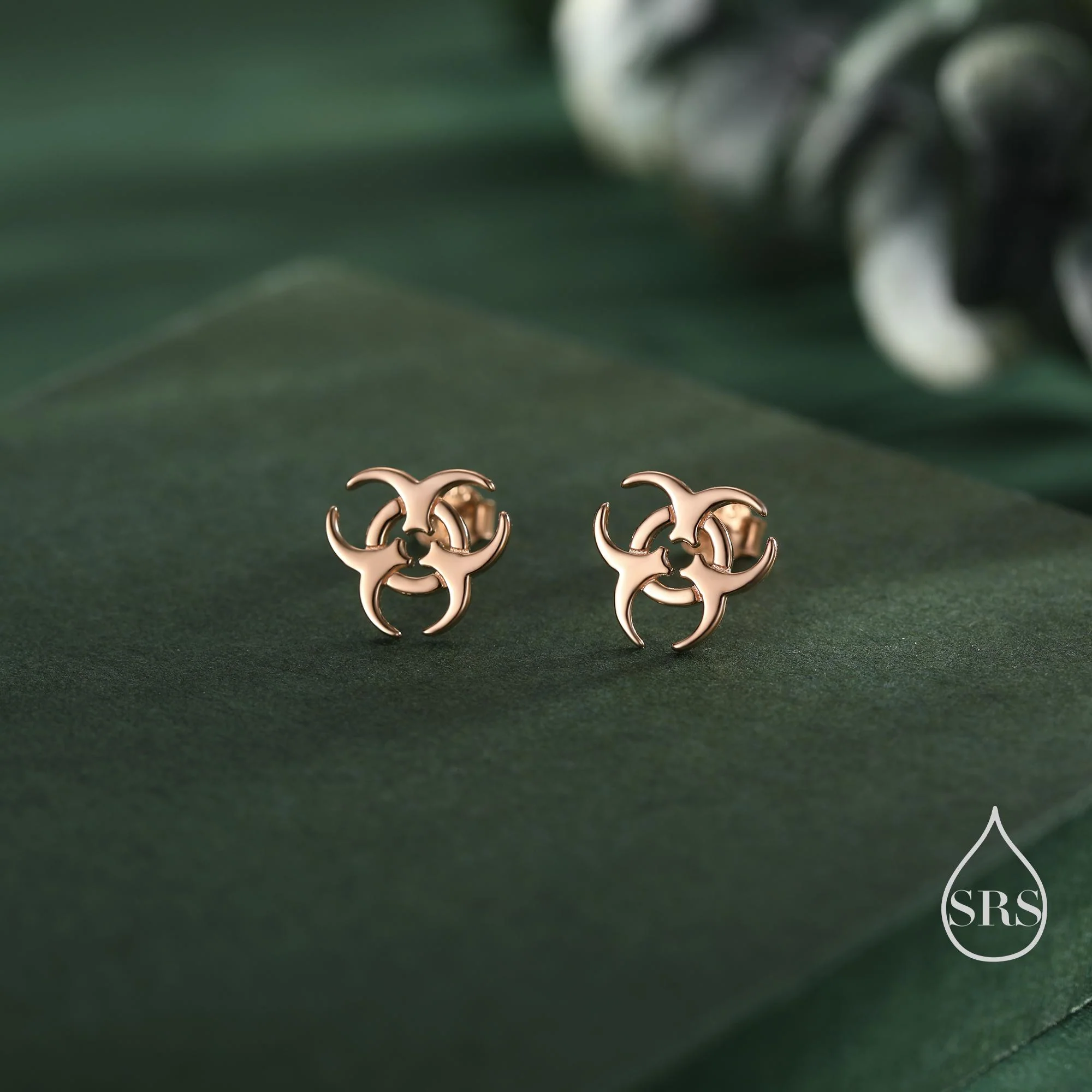 Tiny Biohazard Stud Earrings in Sterling Silver, Silver, Gold or Rose Gold, Small Halloween Earrings - Image 4