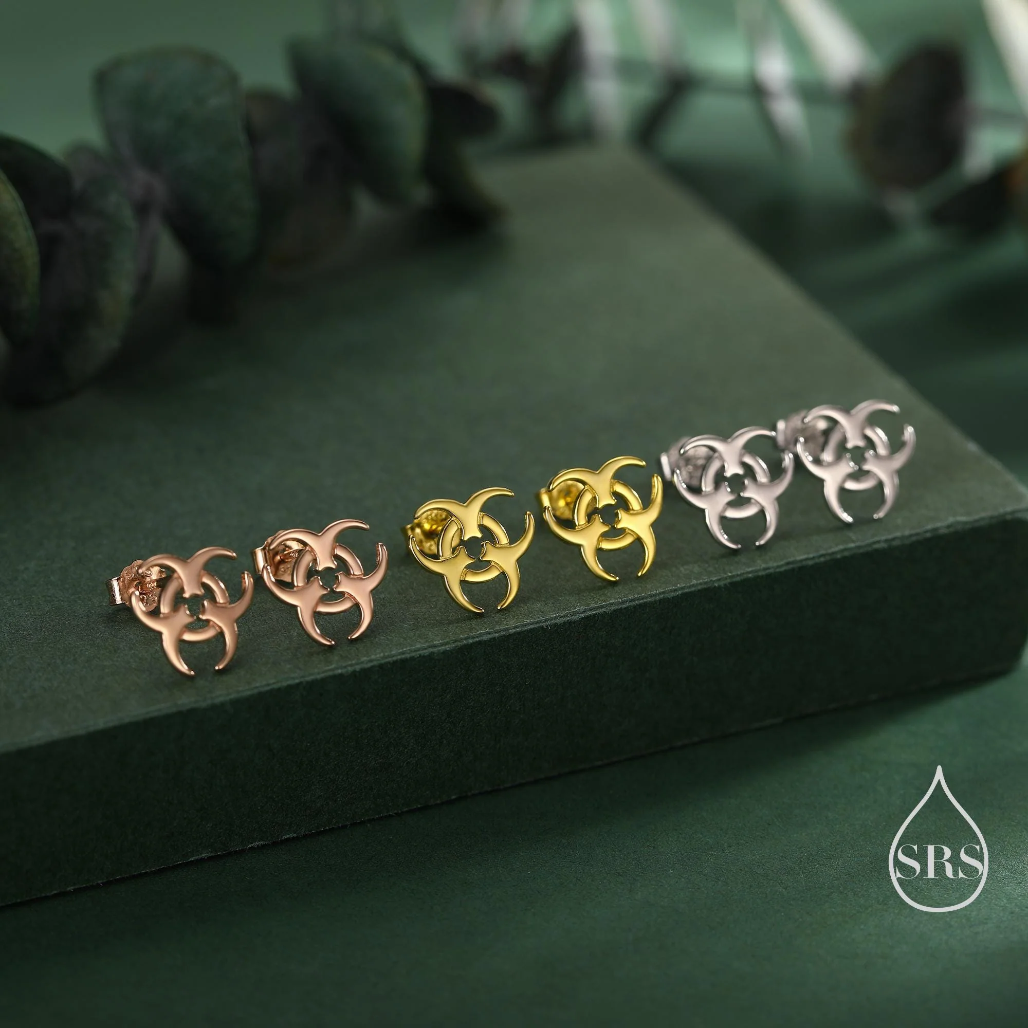 Tiny Biohazard Stud Earrings in Sterling Silver, Silver, Gold or Rose Gold, Small Halloween Earrings - Image 7