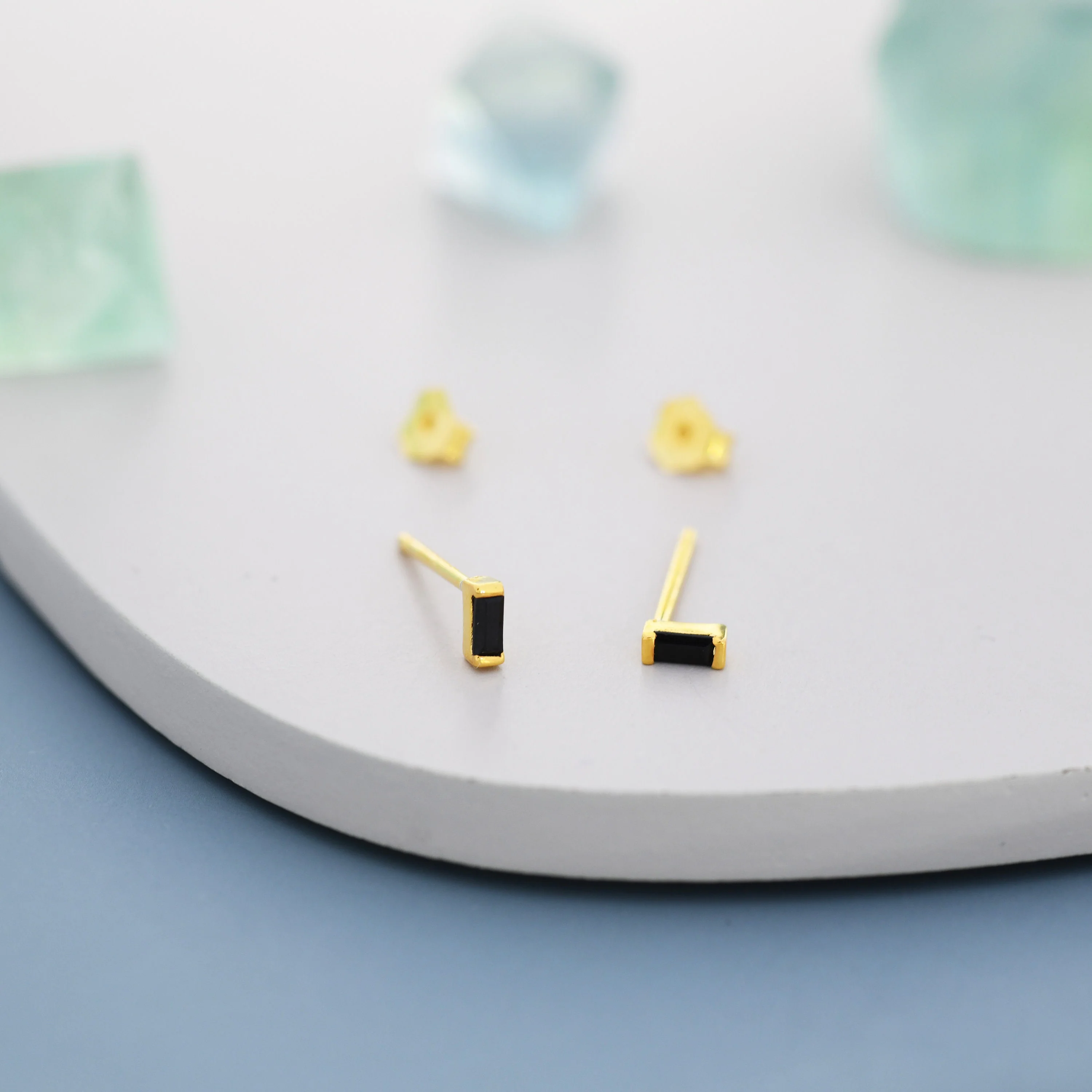 Tiny Black Baguette CZ Stud Earrings in Sterling Silver, Silver or Gold, Geometric Tiny CZ Earrings, Stacking Earrings - Image 2