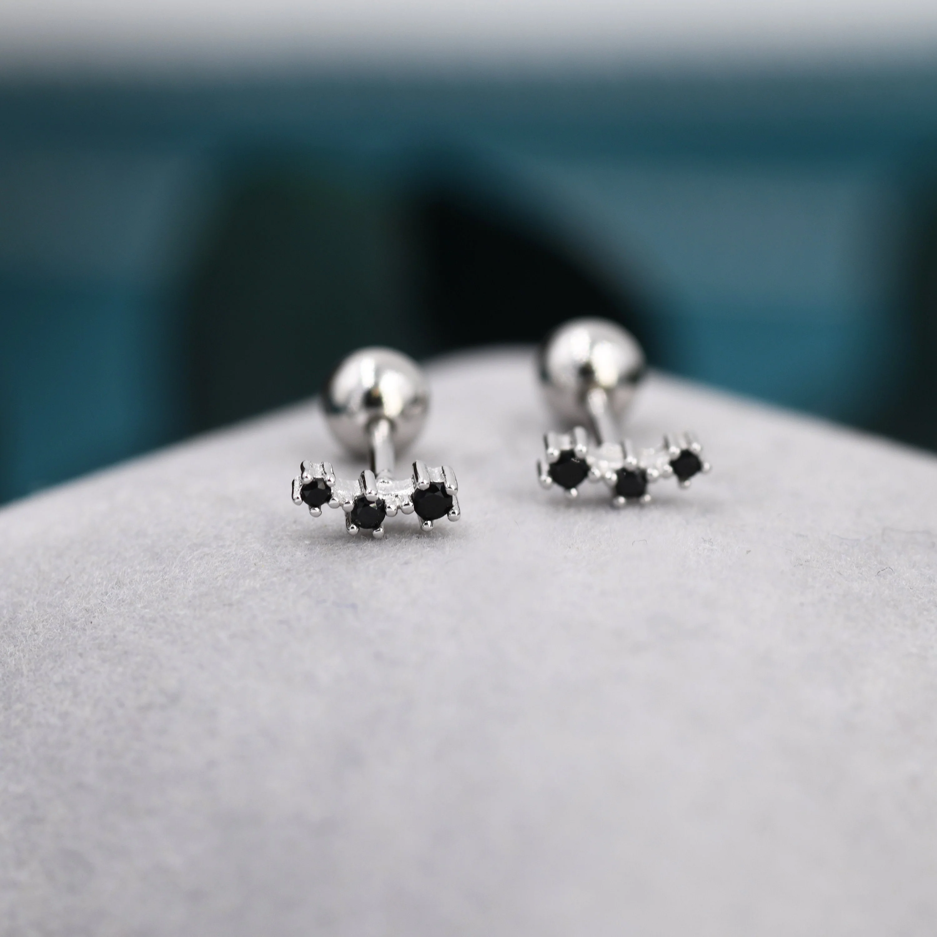 Tiny Black CZ Trio Screw Back Earrings in Sterling Silver, Silver or Gold, Tiny Three Star CZ Barbell Earrings, Stacking Earrings - Image 3