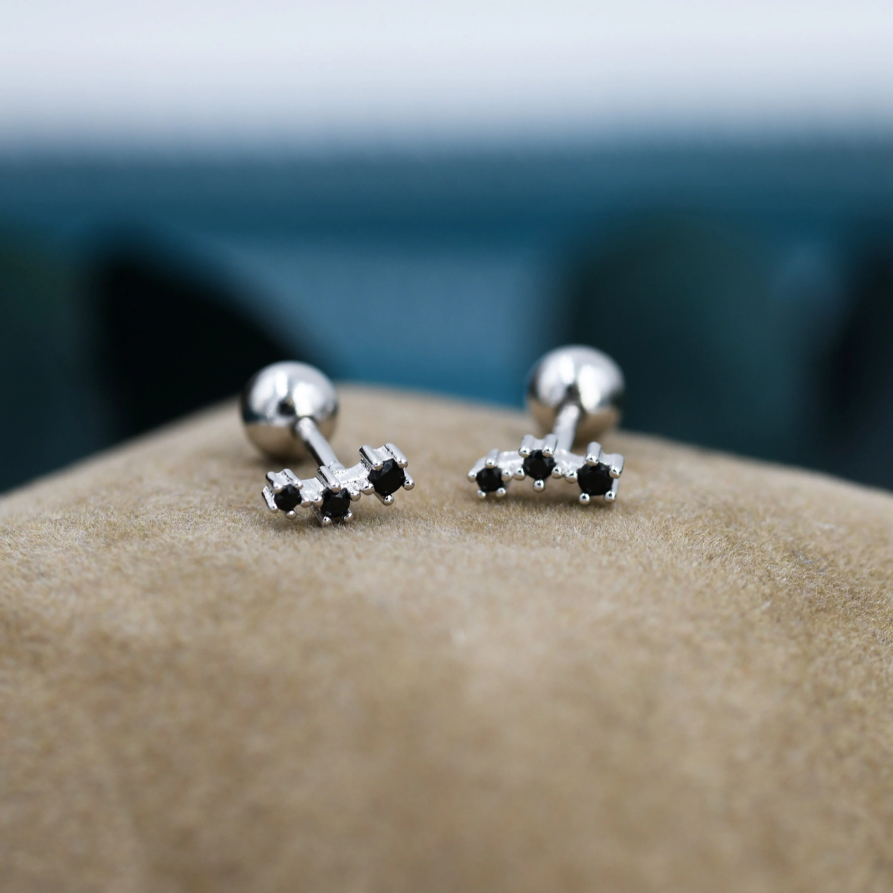 Tiny Black CZ Trio Screw Back Earrings in Sterling Silver, Silver or Gold, Tiny Three Star CZ Barbell Earrings, Stacking Earrings - Image 6