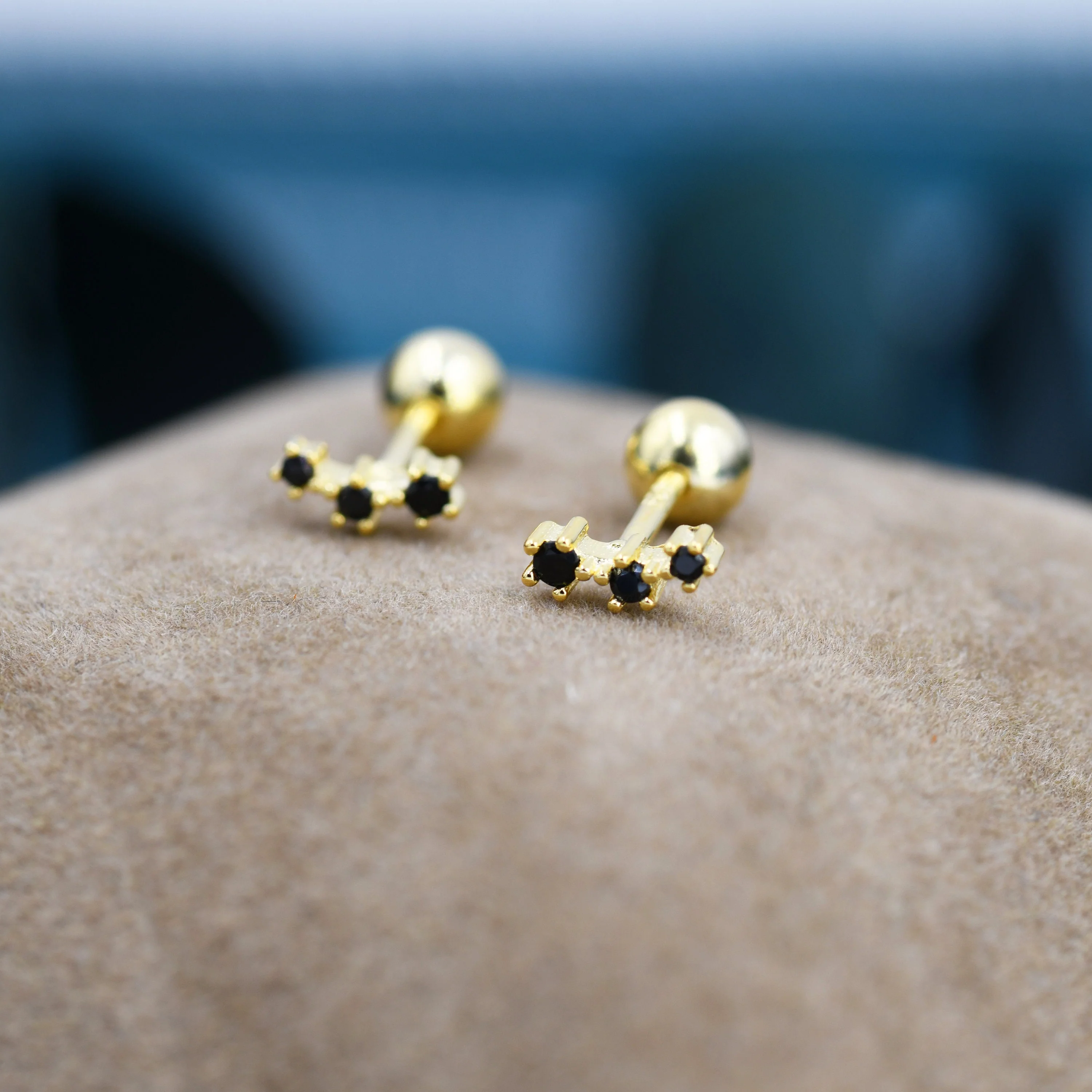 Tiny Black CZ Trio Screw Back Earrings in Sterling Silver, Silver or Gold, Tiny Three Star CZ Barbell Earrings, Stacking Earrings - Image 7
