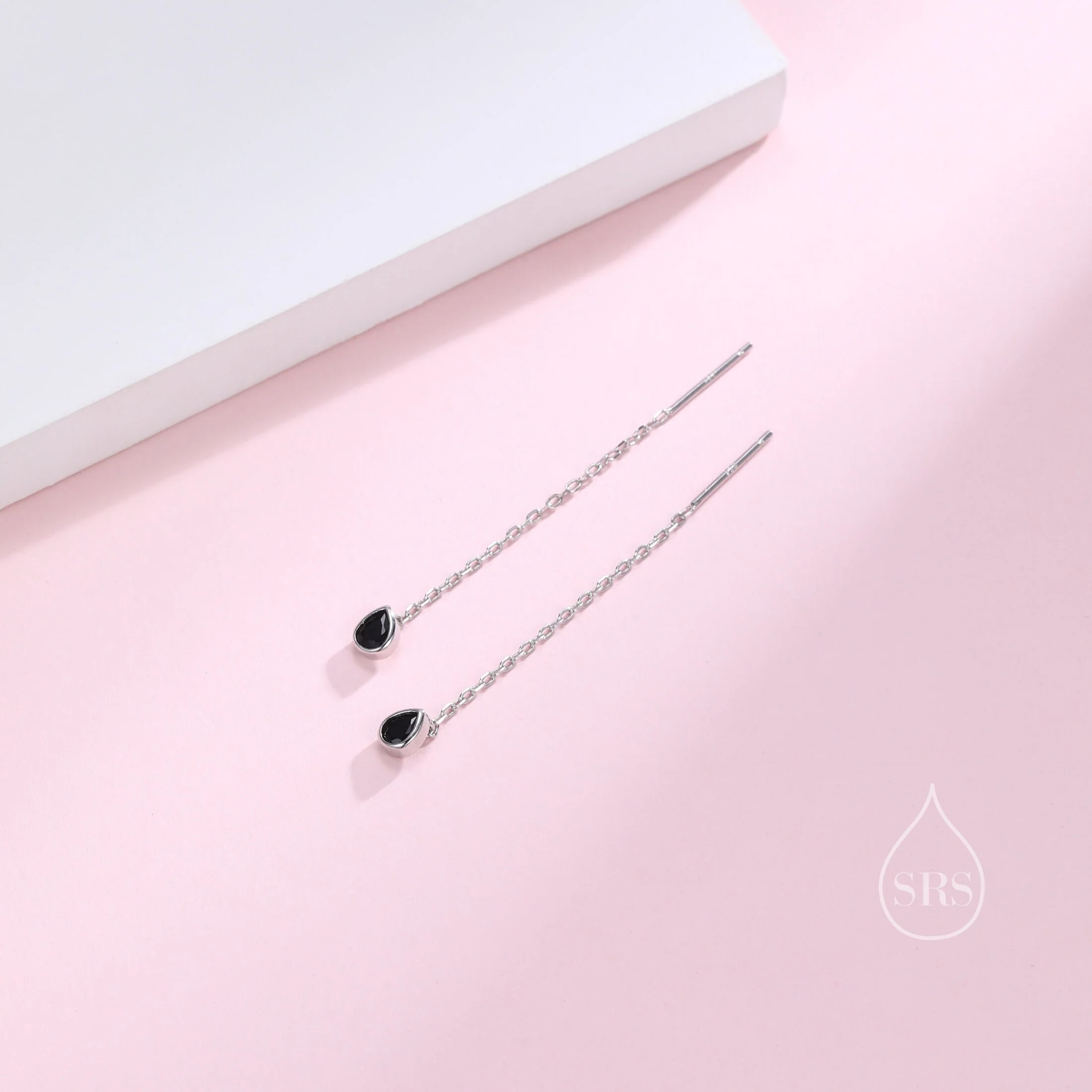 Tiny Black Droplet Bezel CZ Crystal Threader Earrings in Sterling Silver, Silver or Gold, Minimalist Pear Cut Ear Threaders - Image 3