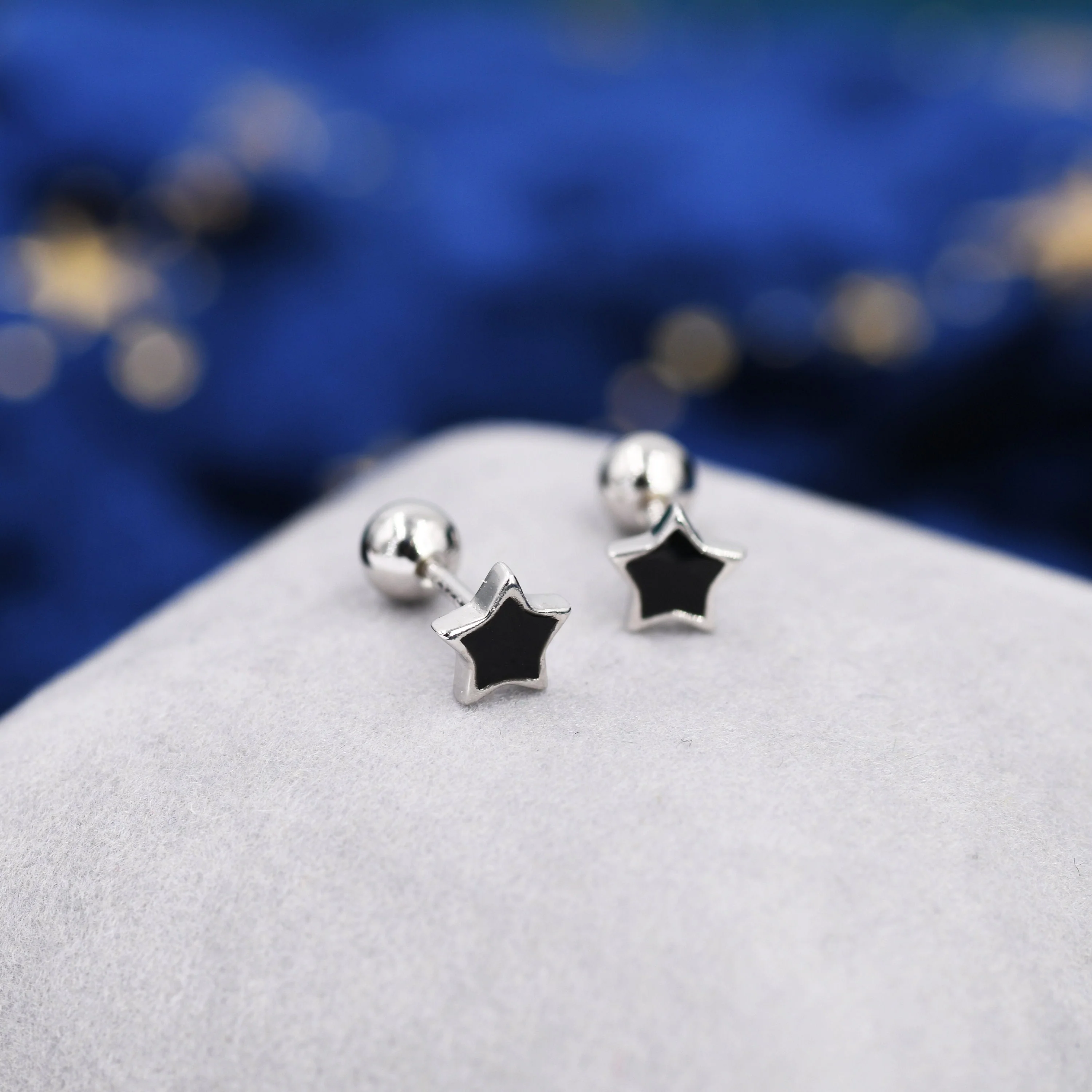 Tiny Black Enamel Star Barbell Earrings in Sterling Silver, Silver or Gold, Screw Back Black Star Earrings, Screwback Earrings - Image 4