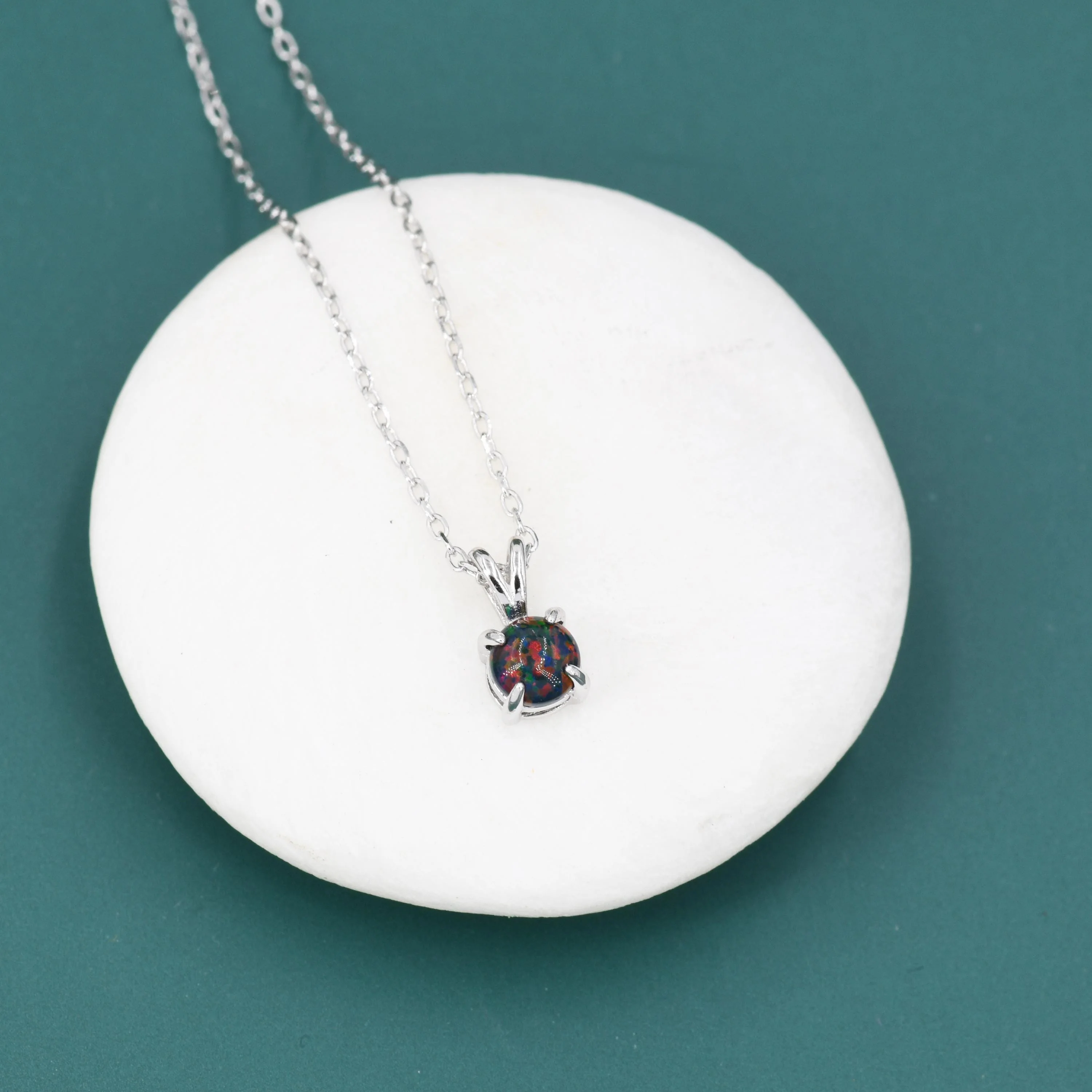 Tiny Black Opal Pendant Necklace in Sterling Silver, 5mm Lab Opal Necklace, Single Opal Necklace, Fire Opal Necklace - Image 4
