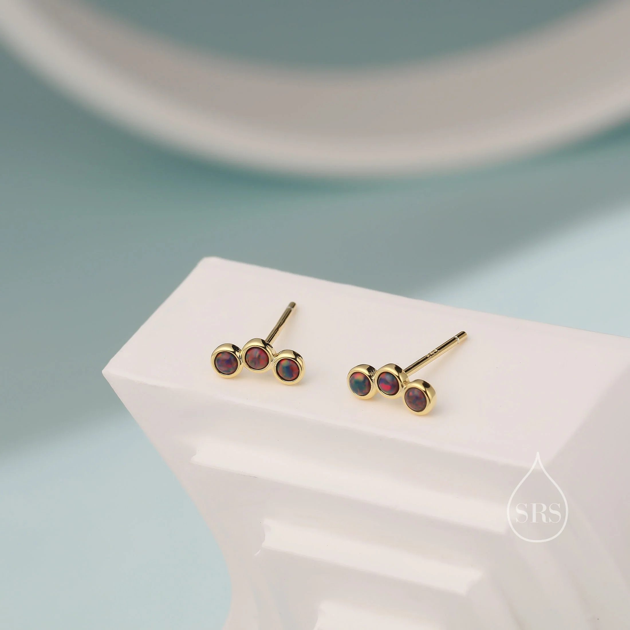 Tiny Black Opal Trio Stud Earrings in Sterling Silver, Silver or Gold, Curved Bar Three Opal Earrings, Opal Stud, Small Opal Earrings - Image 5