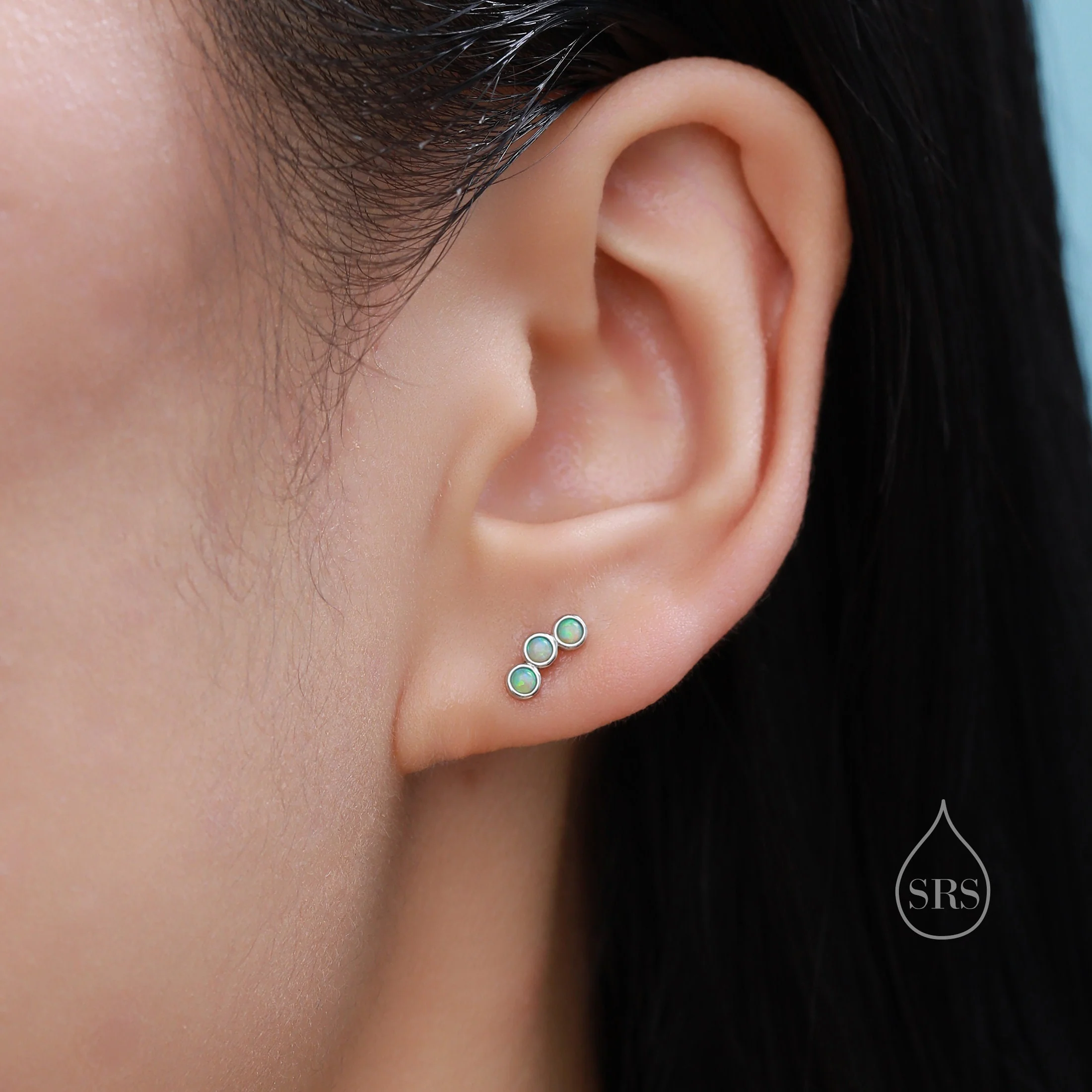 Tiny Black Opal Trio Stud Earrings in Sterling Silver, Silver or Gold, Curved Bar Three Opal Earrings, Opal Stud, Small Opal Earrings - Image 8