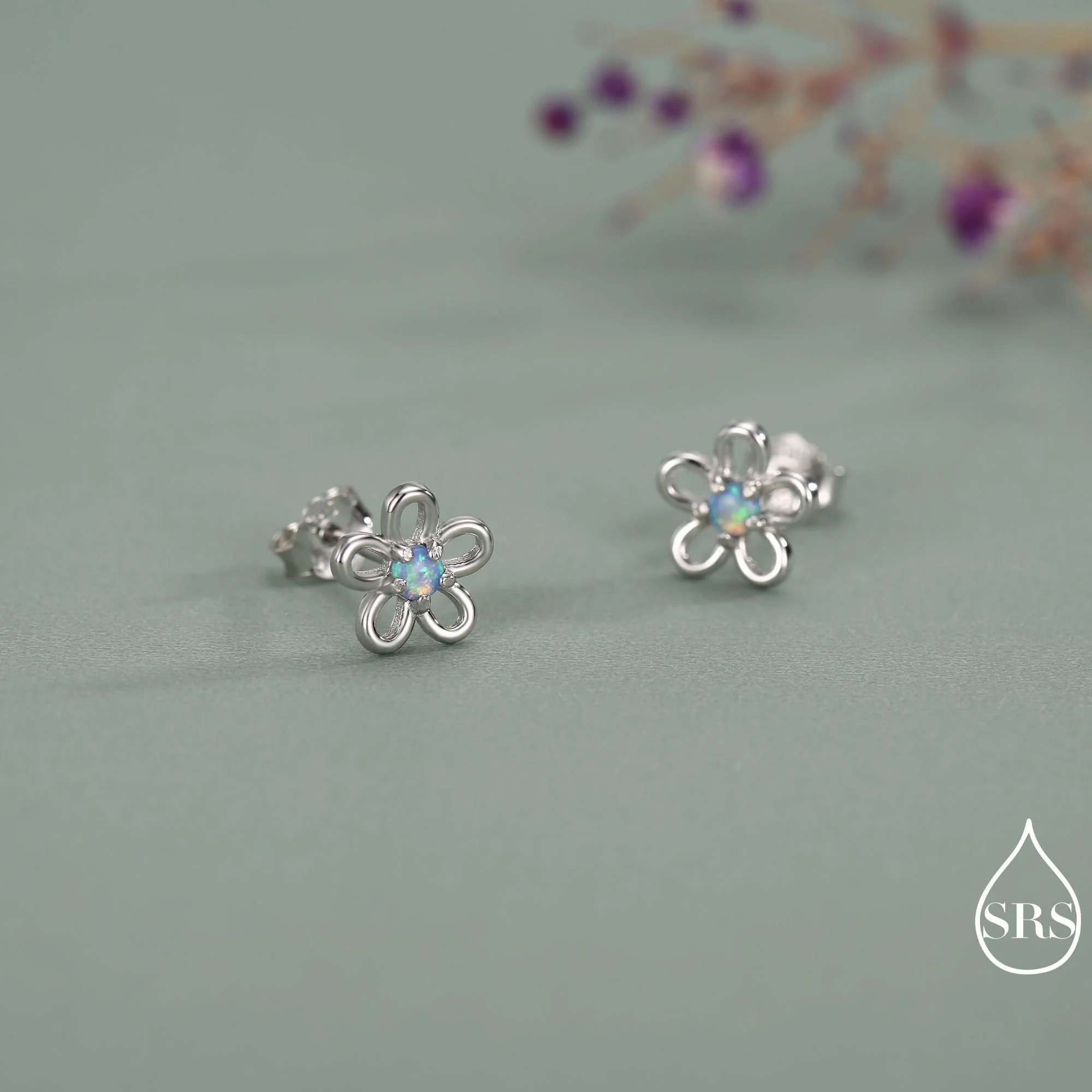 Tiny Blue Opal Flower Stud Earrings in Sterling Silver, Opal Forget-me-not Earrings - Silver Opal Flower Earrings - Petite Stud Earrings - Image 6