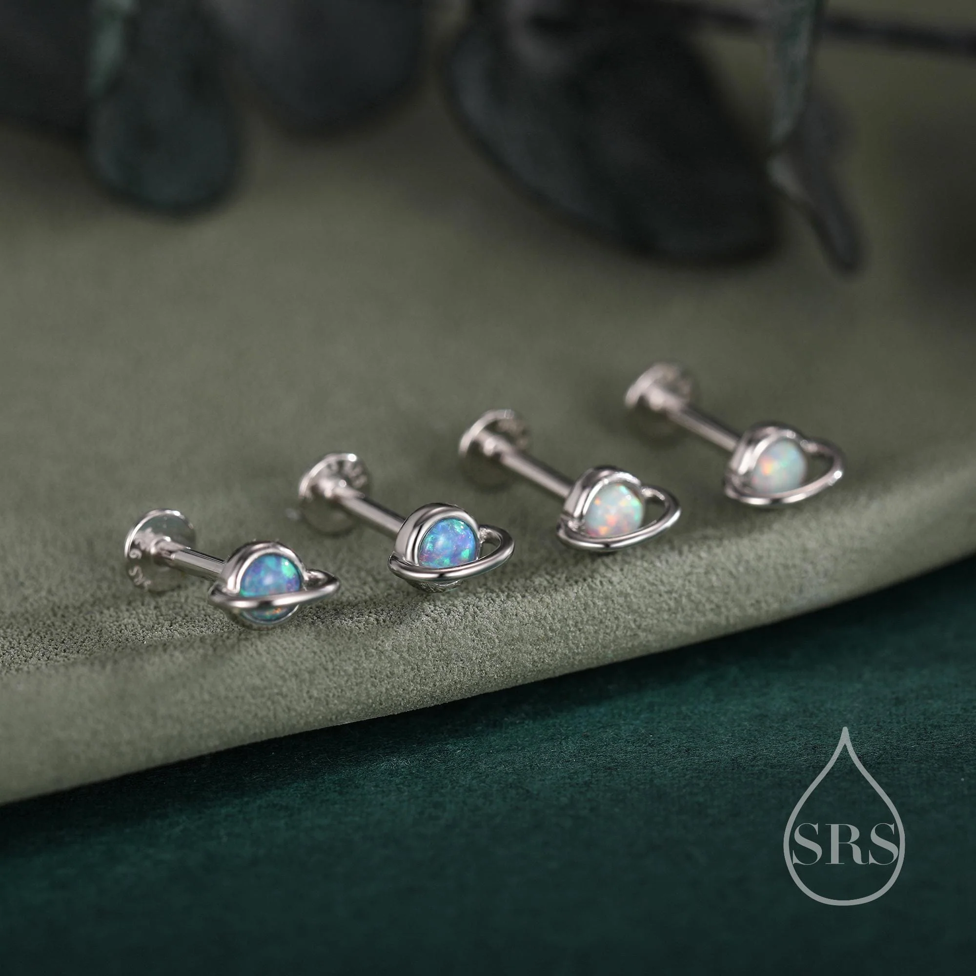 Tiny Blue/White Opal Planet 16G Internally Threaded Flat Back Earrings in Sterling Silver