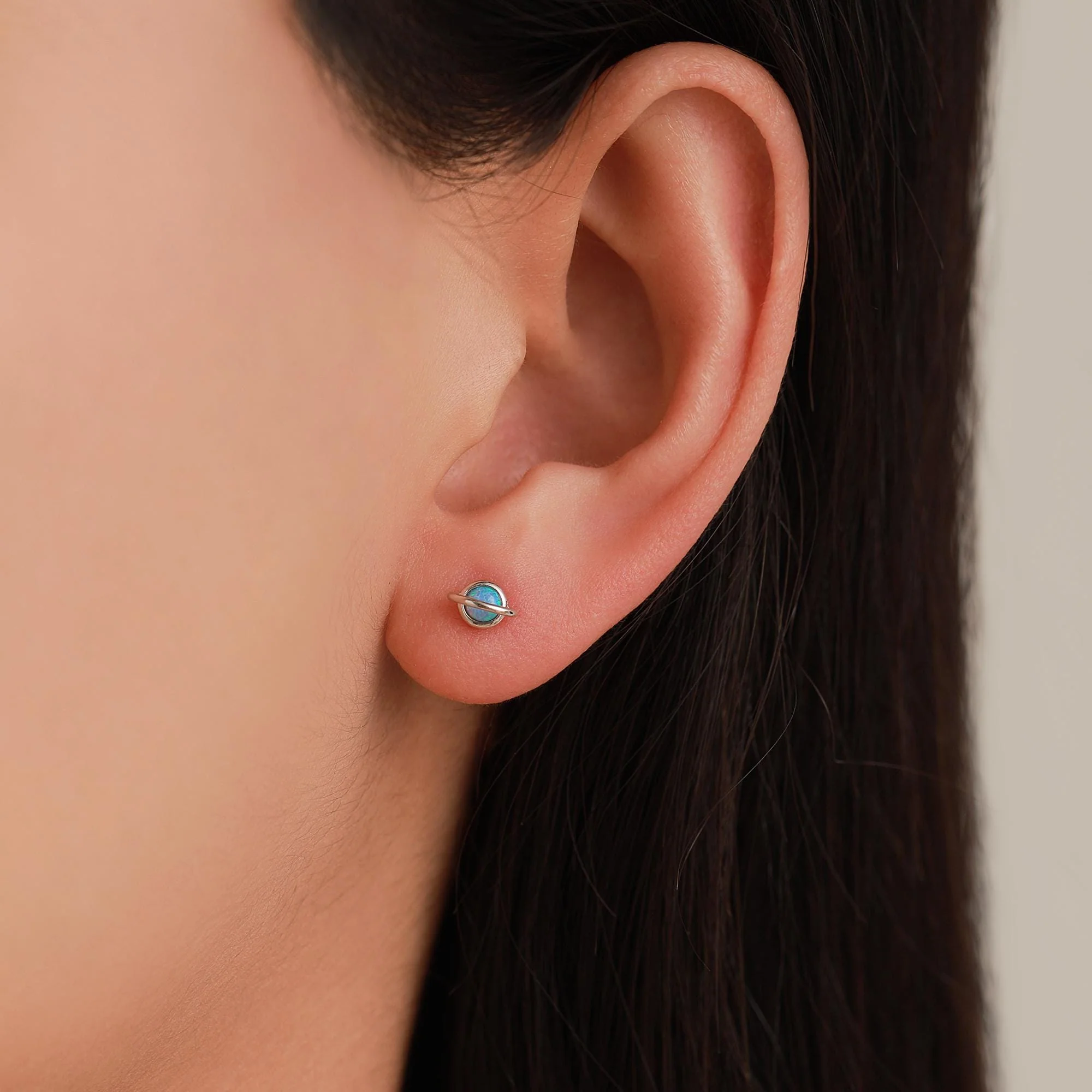 Tiny Blue/White Opal Planet Screw Back Earrings in Sterling Silver - Image 4